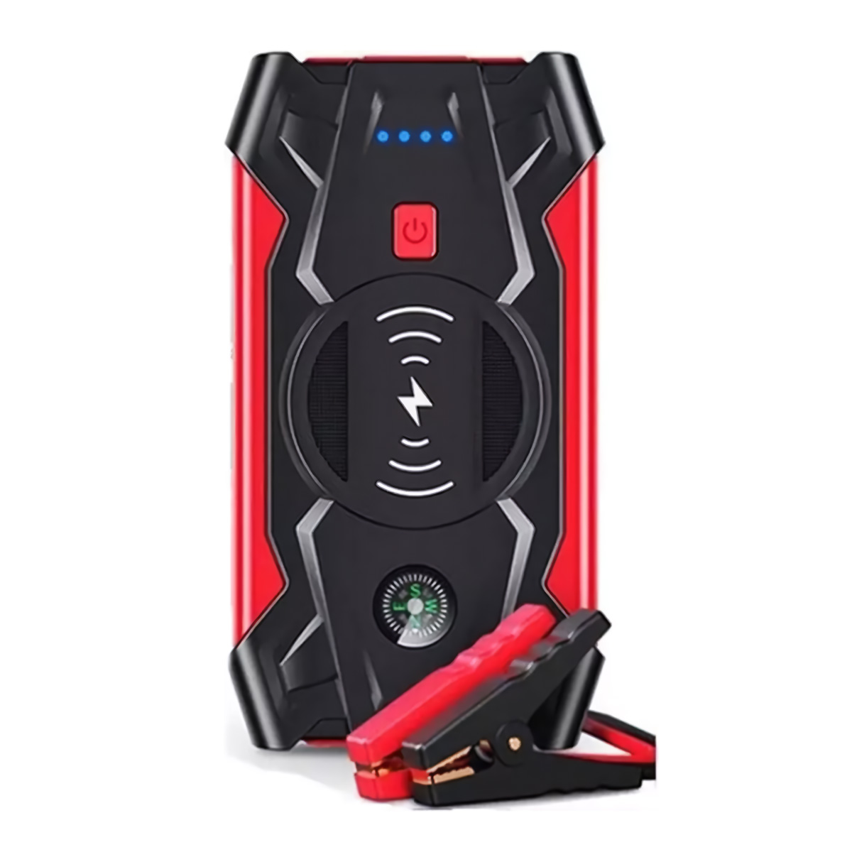 Arrancador de coche rojo y negro con puertos de carga y brújula.