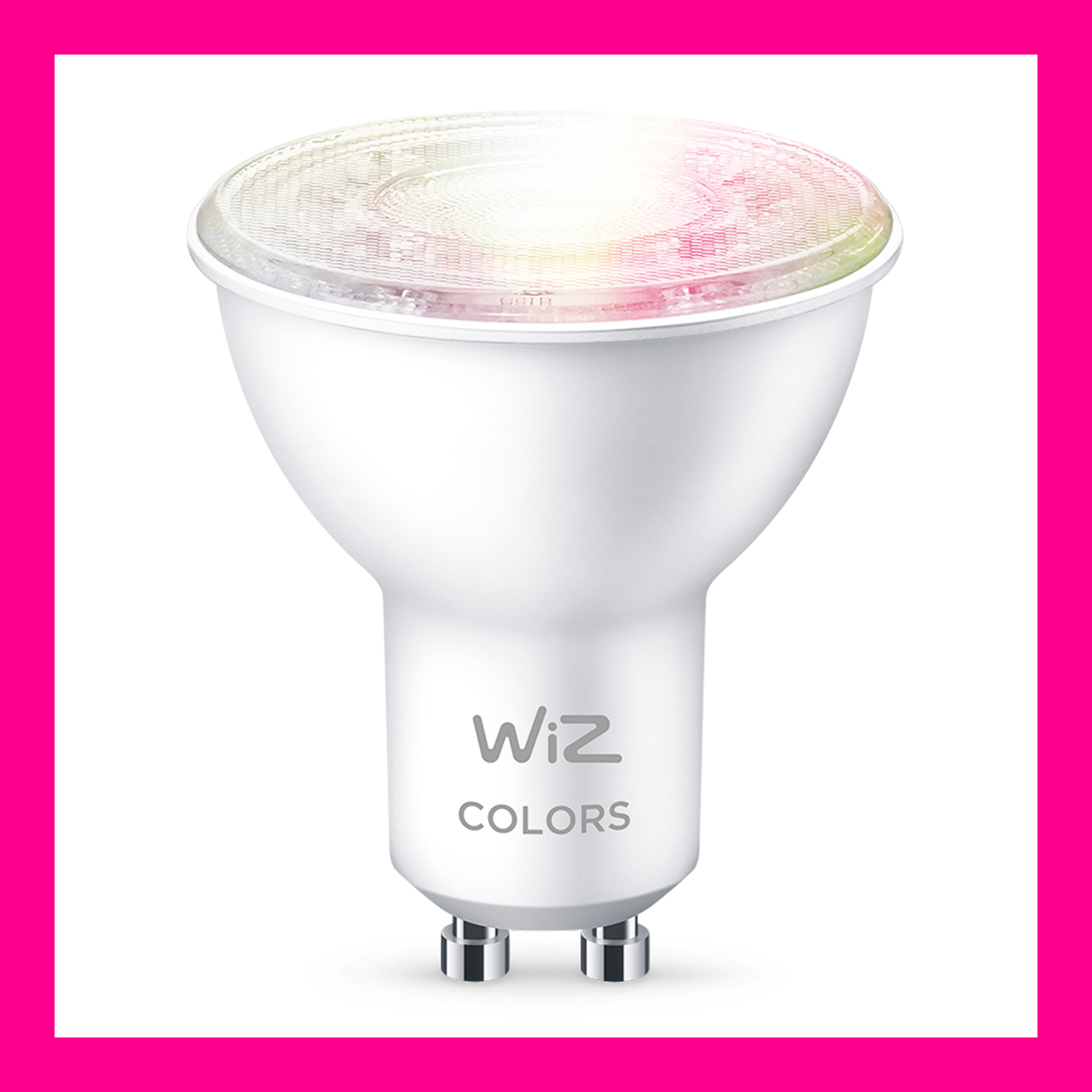 Eine weiße WiZ Colors Glühbirne mit farbigem Licht, in einem rosa Rahmen.