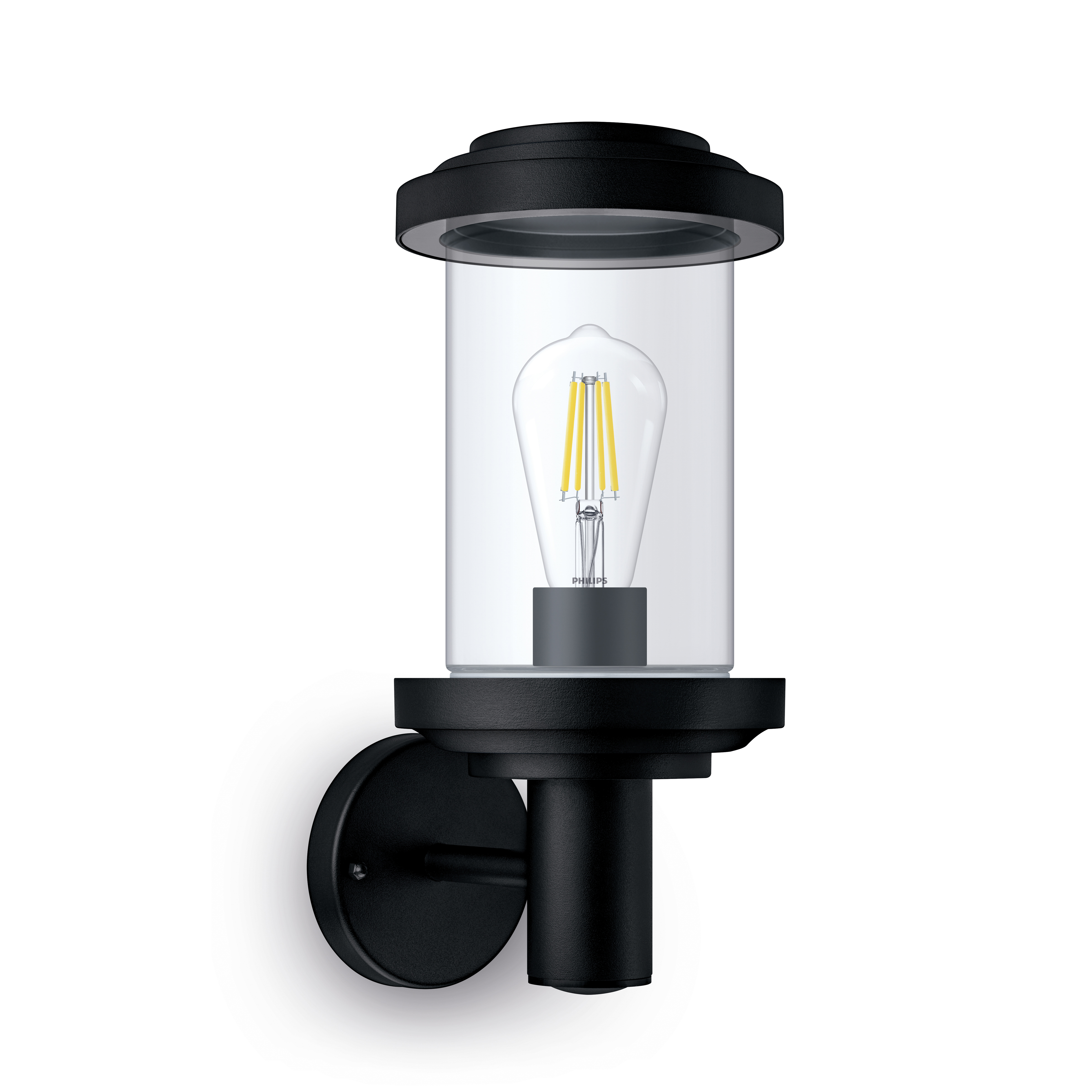 Schwarze Außenwandleuchte mit klarem Glasschirm und sichtbarer Edison-Glühbirne.