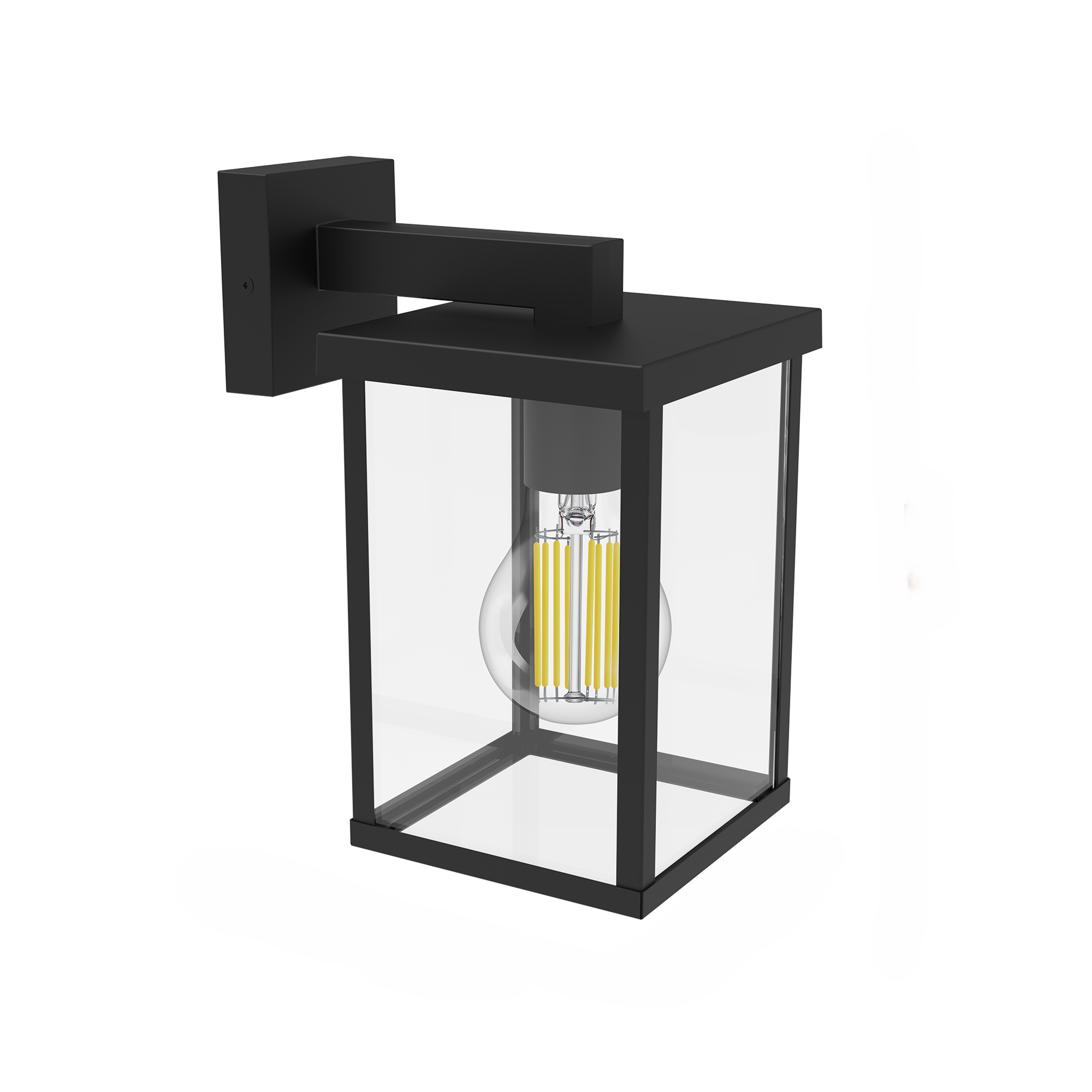 Schwarze Außenwandleuchte mit Glaskasten, weißer Hintergrund.