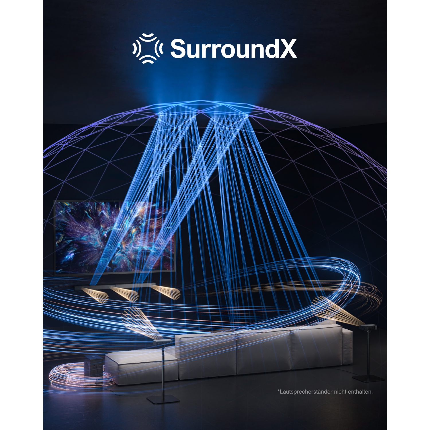 Raum mit Fernsehbildschirm, Couch und Lautsprechern, die Lichtstrahlen projizieren, beschriftet mit 'SurroundX'.