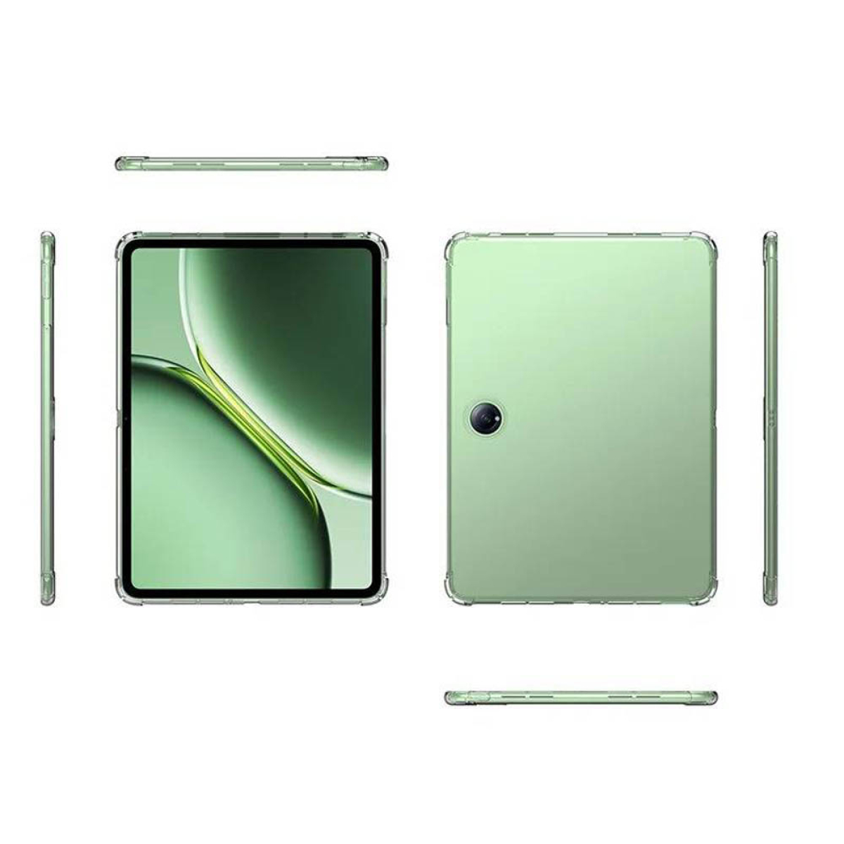 Tablet-Gerät in mehreren Winkeln, mit grünem Rücken. Das Tablet hat eine Kamera und abgerundete Kanten.