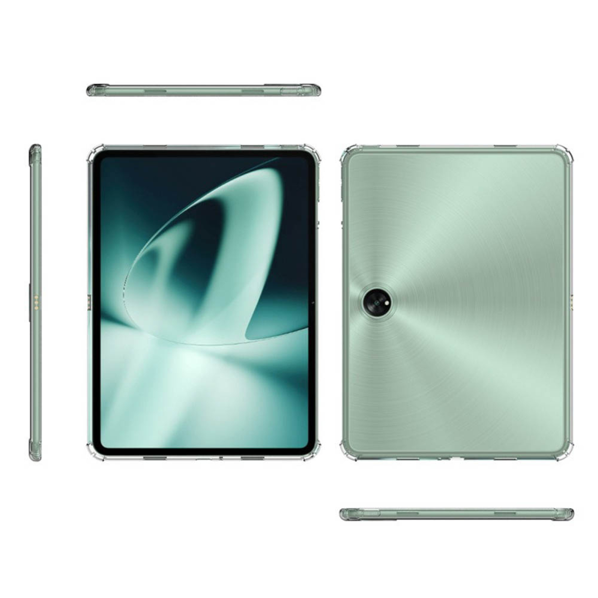Grünes Tablet mit Kamera und Gehäusedesign aus mehreren Blickwinkeln.