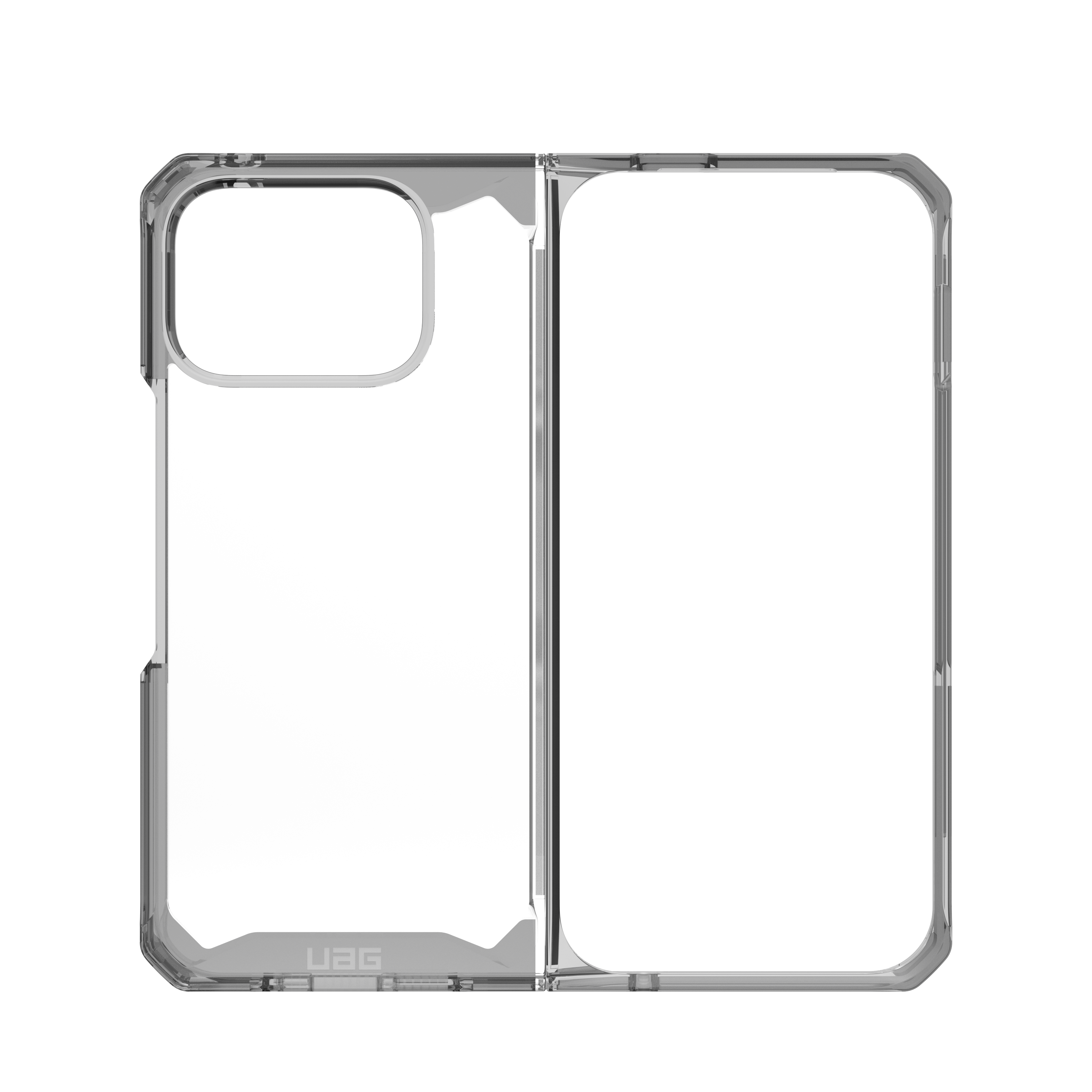 Transparente Handyhülle mit grauem Rand. Die Hülle ist geöffnet und zeigt das Innere, mit dem UAG-Logo unten.