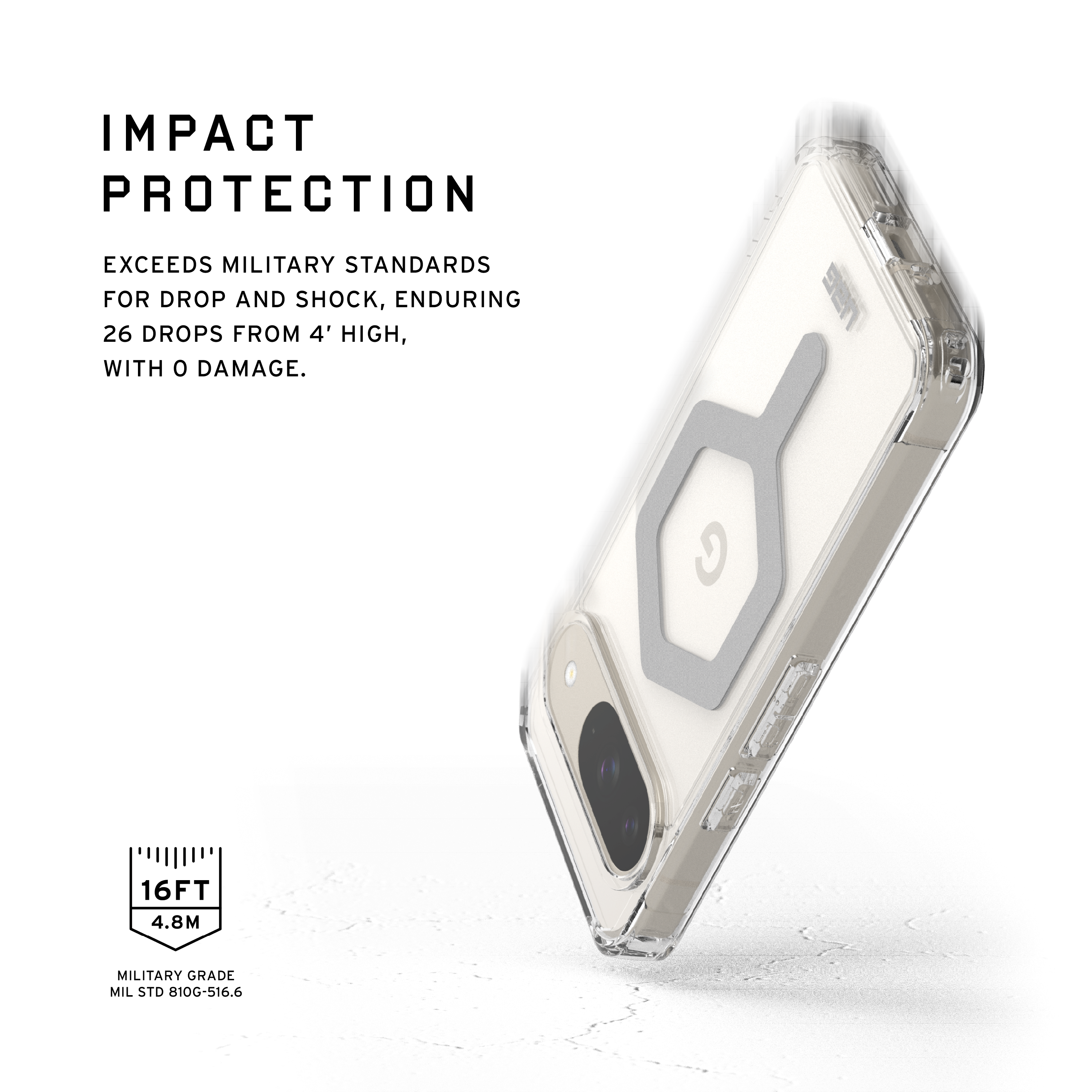 Una custodia trasparente per telefono con uno strumento grigio. Il telefono ha una fotocamera.