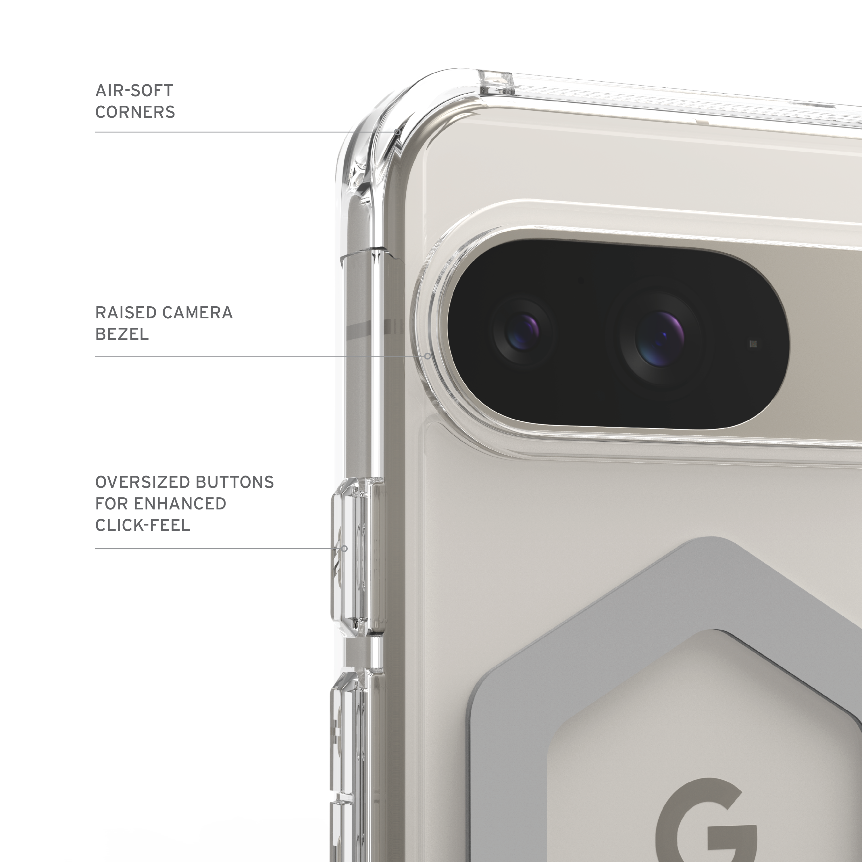 Primo piano di una custodia per telefono. È trasparente con accenti grigi. Etichette: angoli air-soft, cornice rialzata della fotocamera, pulsanti.