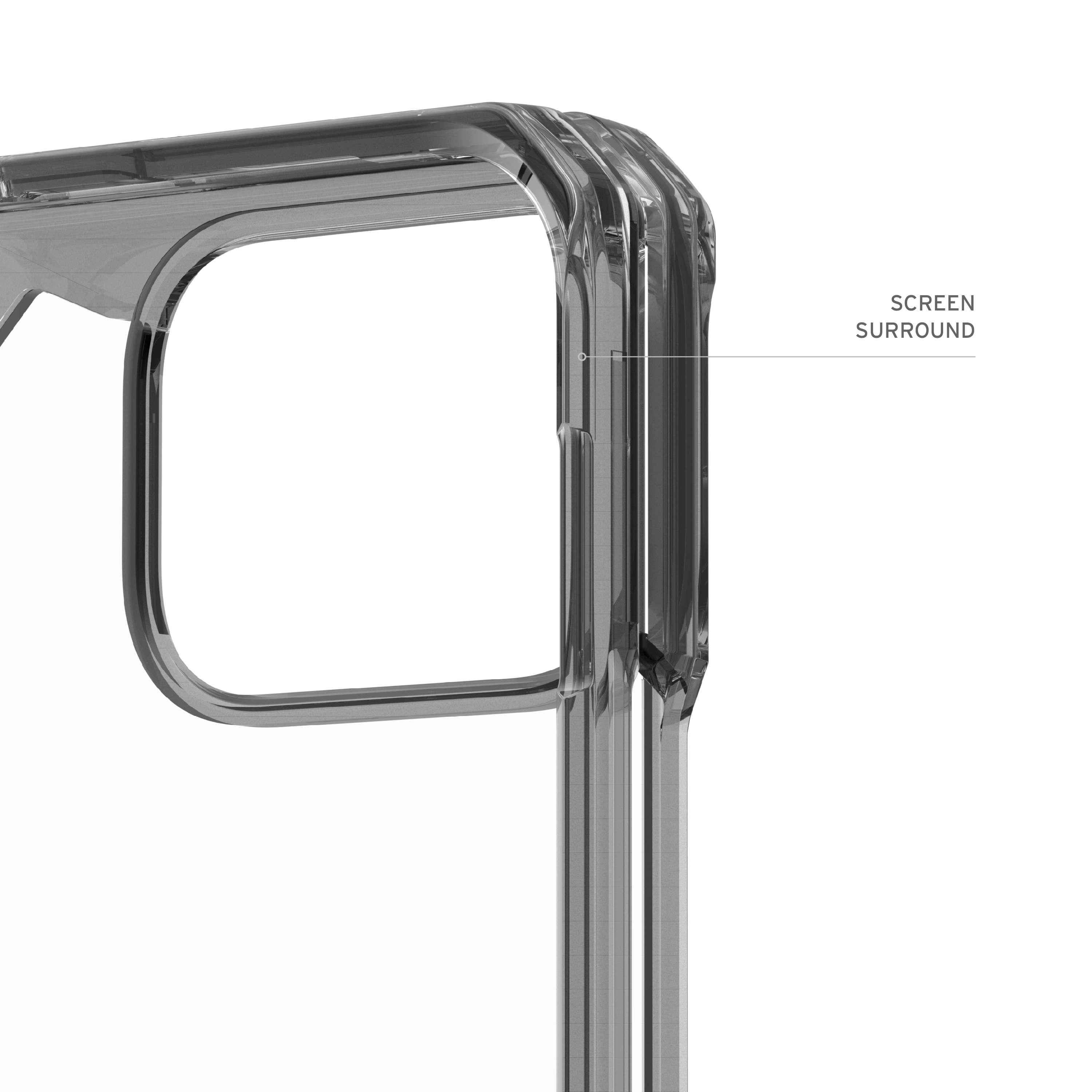 Nahaufnahme einer transparenten Handyhülle, die die Bildschirmumrandung und Eckdetails hervorhebt.