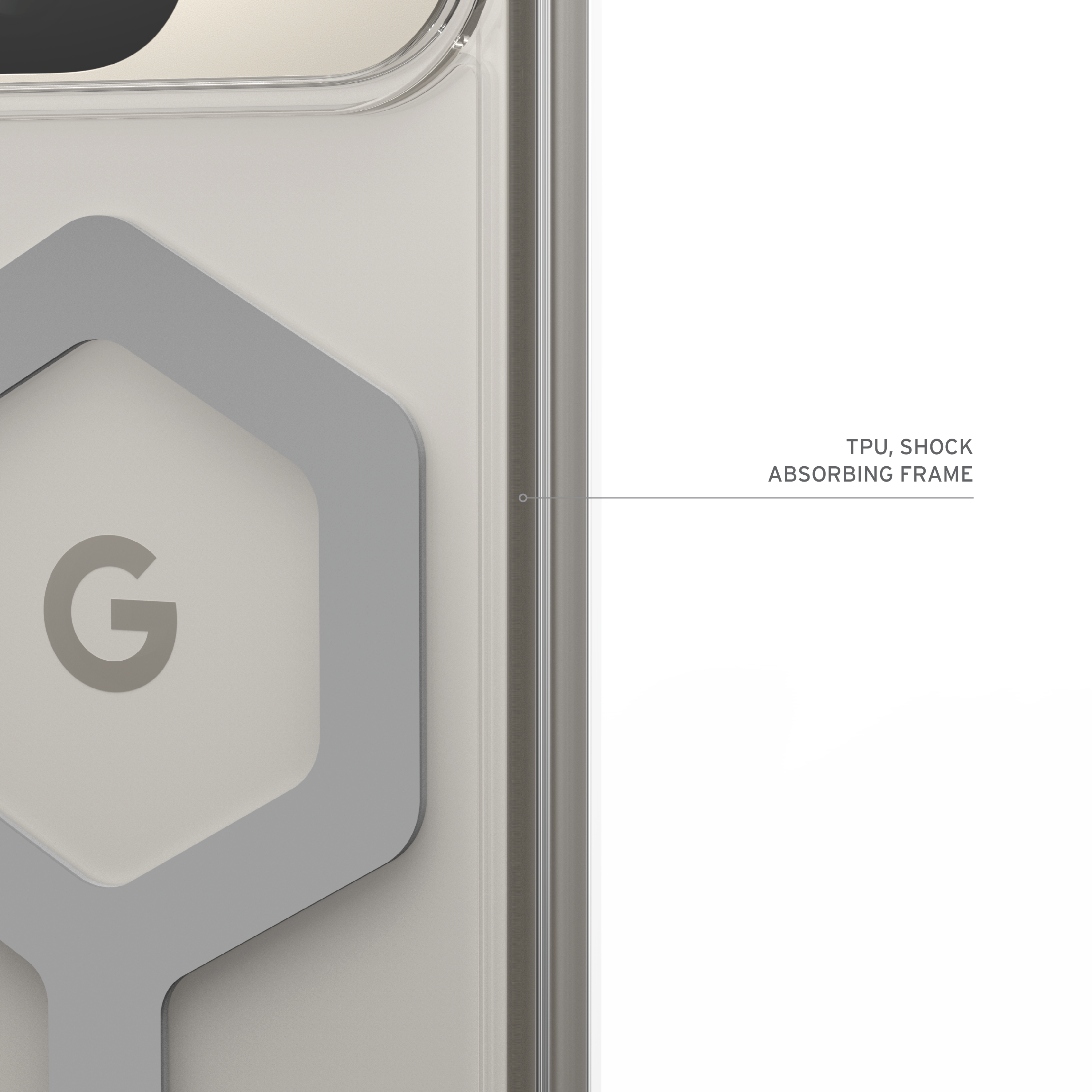 Una custodia per telefono con il logo 'G' di Google e un design esagonale grigio. Testo: TPU, telaio antiurto.