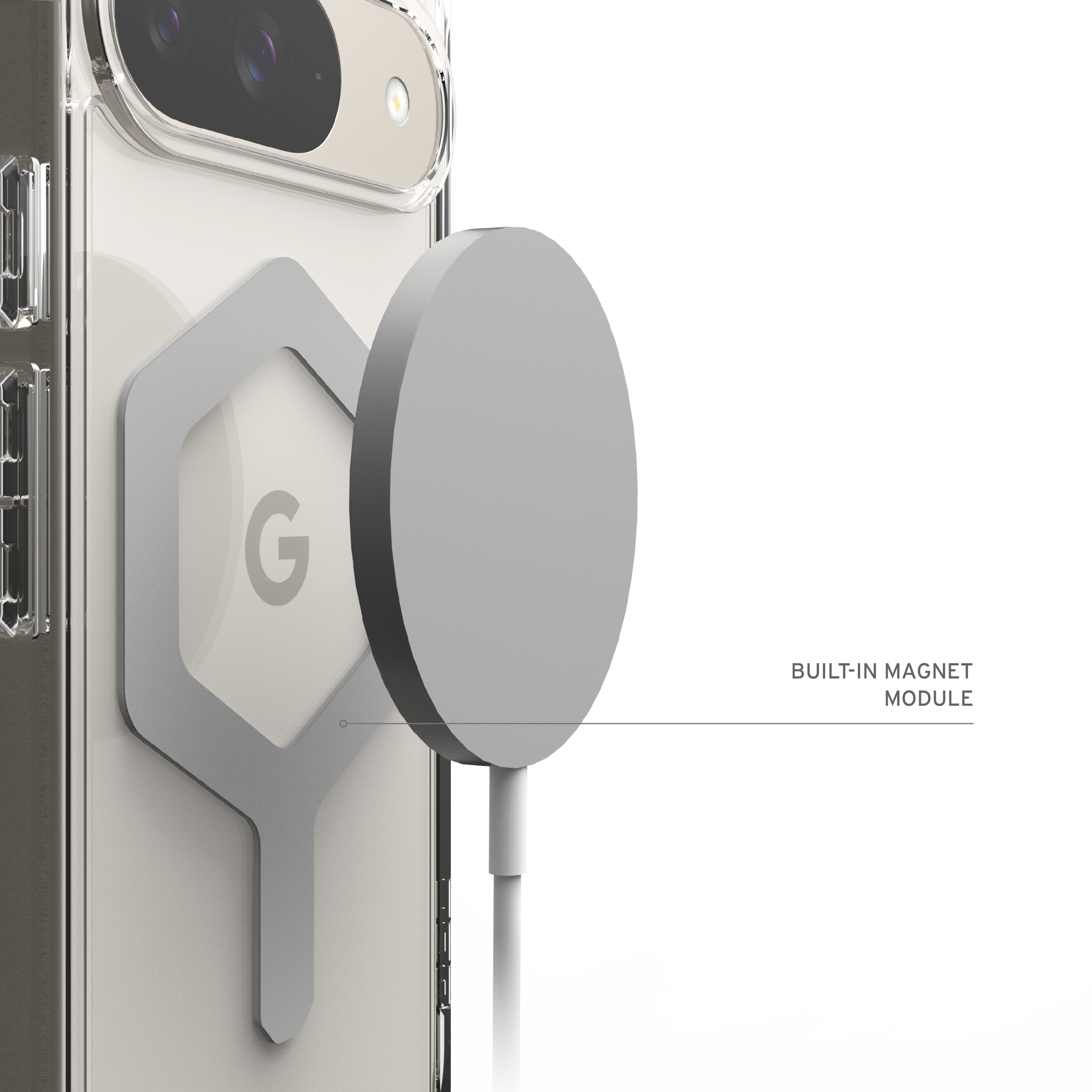 Una custodia trasparente per telefono con un modulo di ricarica magnetico grigio attaccato a un telefono con la lettera G.