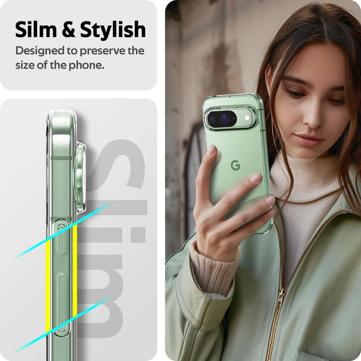 Eine Frau hält ein grünes Telefon in einer transparenten Hülle. Das Telefon ist schlank und stilvoll, der Hintergrund ist unscharf.