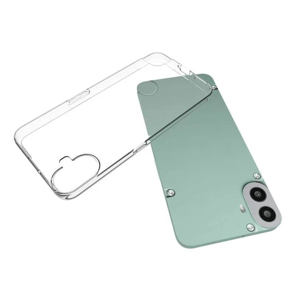 Eine transparente Handyhülle und ein grünes Handy. Das Case ist links und das Handy rechts.