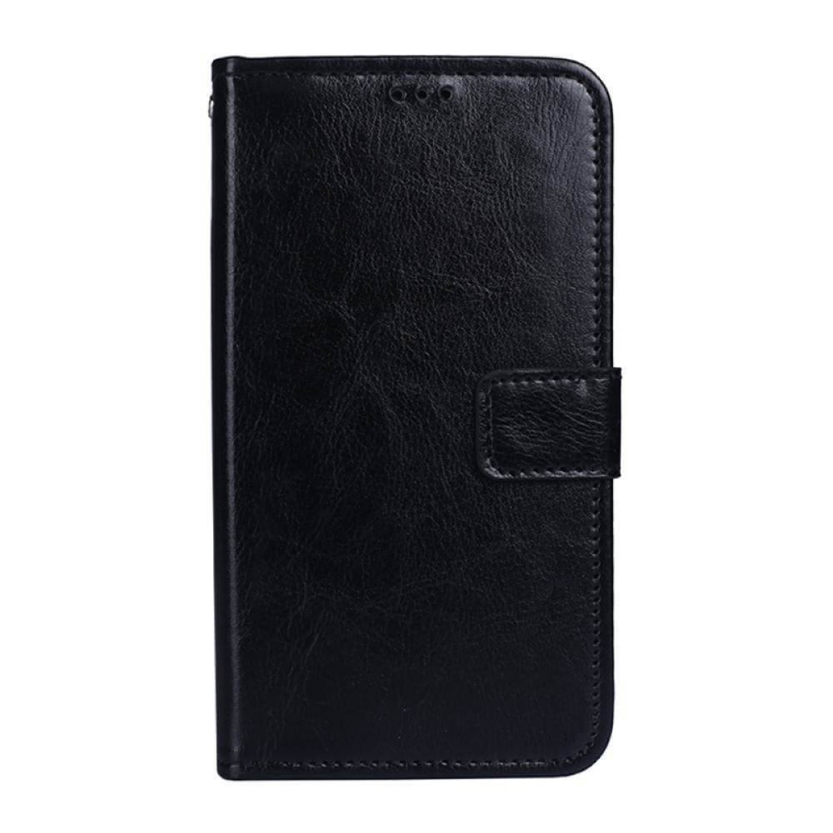 Schwarze Leder-Handyhülle mit Magnetverschluss. Sie hat eine Klappe und ein genähtes Design.