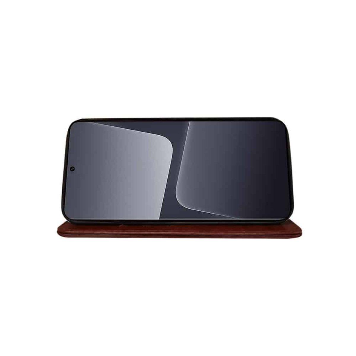 Ein Smartphone wird horizontal auf einer braunen, lederartigen Oberfläche mit einem hellen Bildschirm angezeigt.