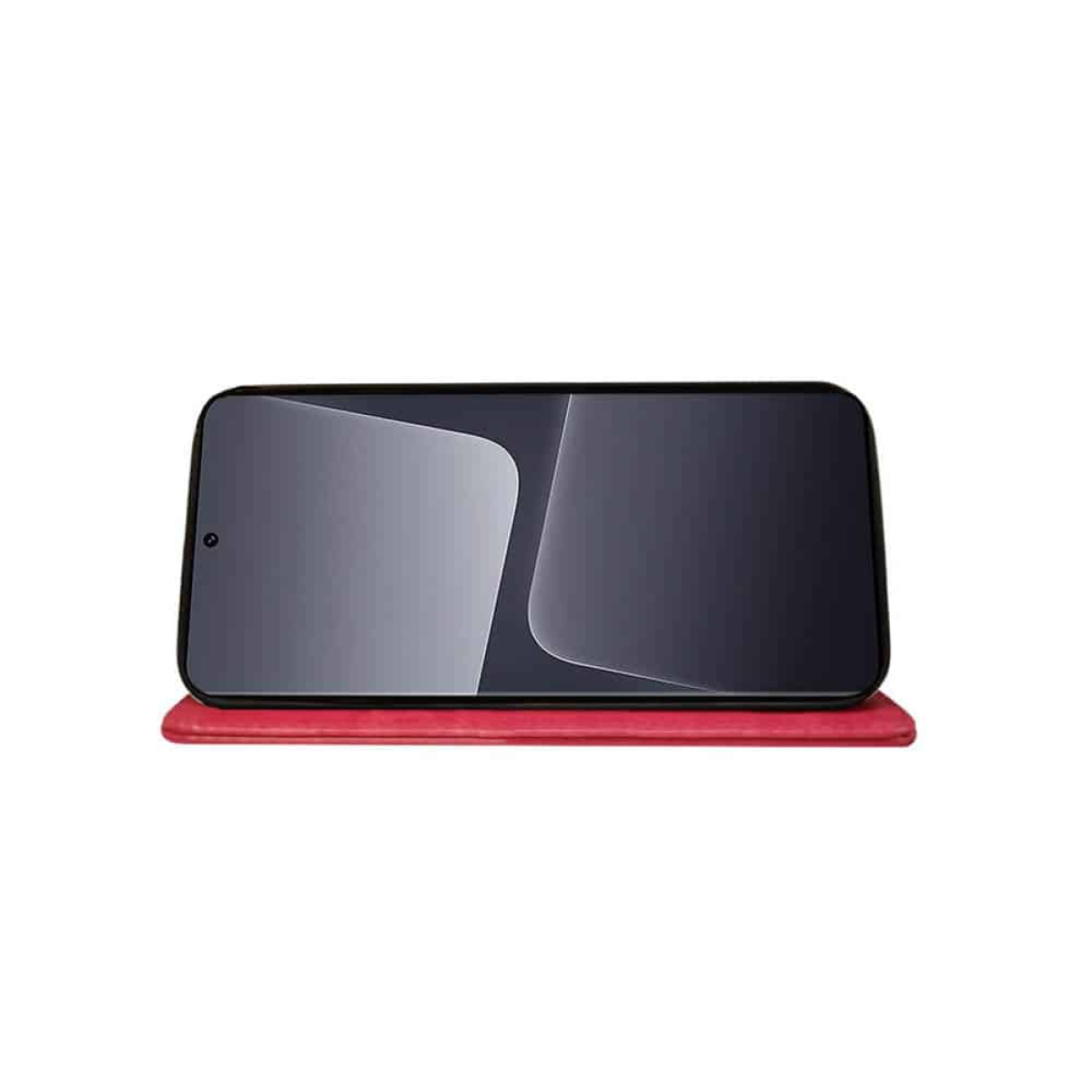 Ein schwarzes Smartphone mit Display, auf einer roten Hülle im Brieftaschenstil.