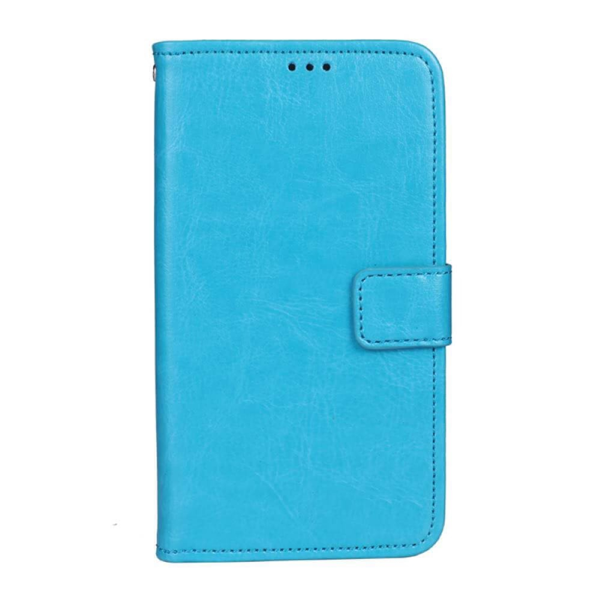 Eine blaue, geschlossene Handyhülle mit Verschluss und genähtem Design.