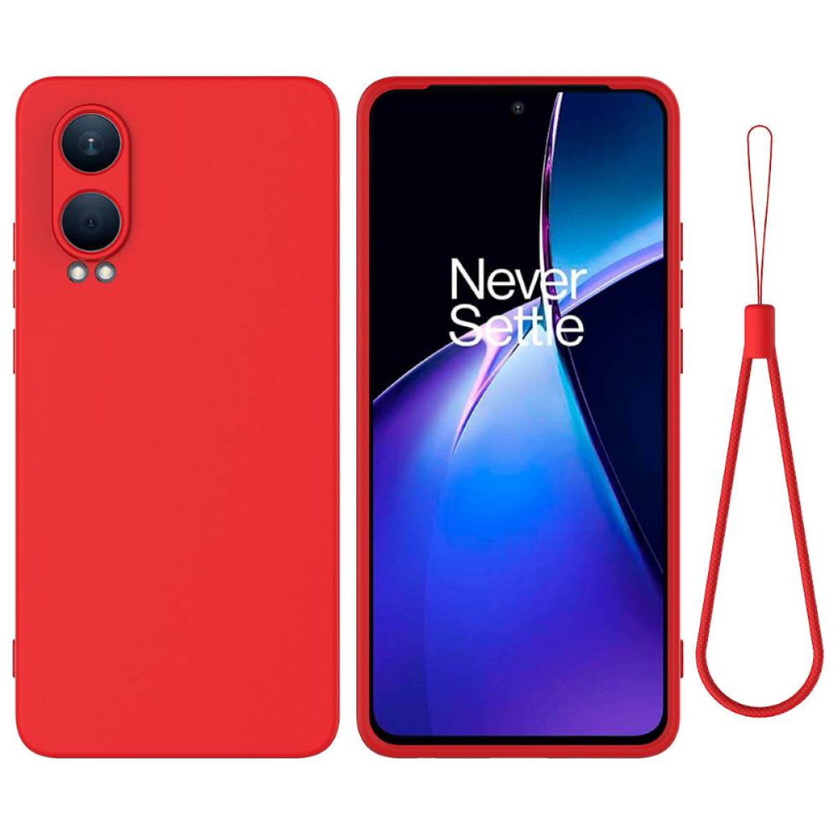 Rote Handyhülle und ein Telefon mit schwarzem Bildschirm und den Worten 'Never Settle'.