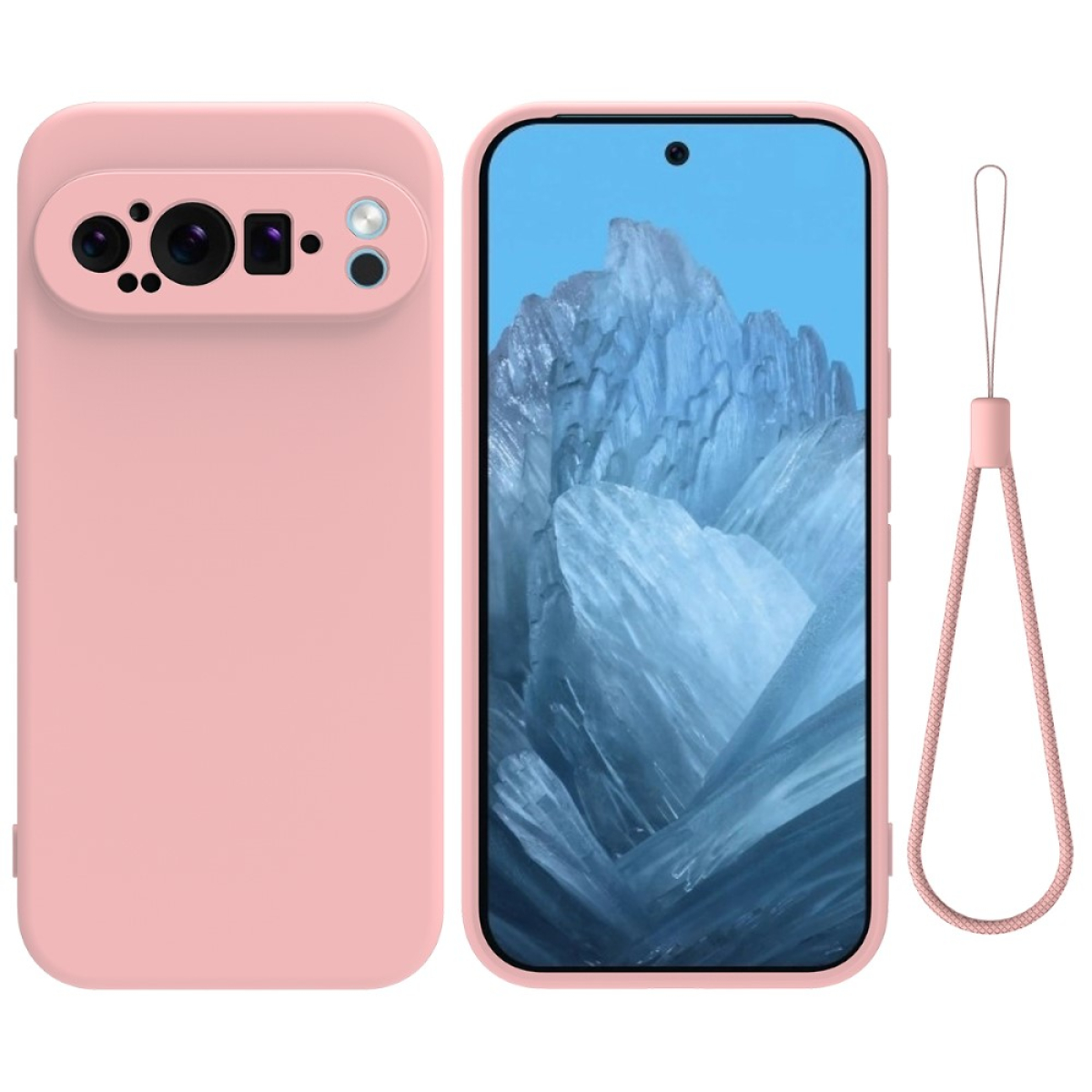 Ein pinkes Telefon mit Kameramodul und Hülle sowie eine pinke Handschlaufe. Es steht auf weißem Hintergrund.