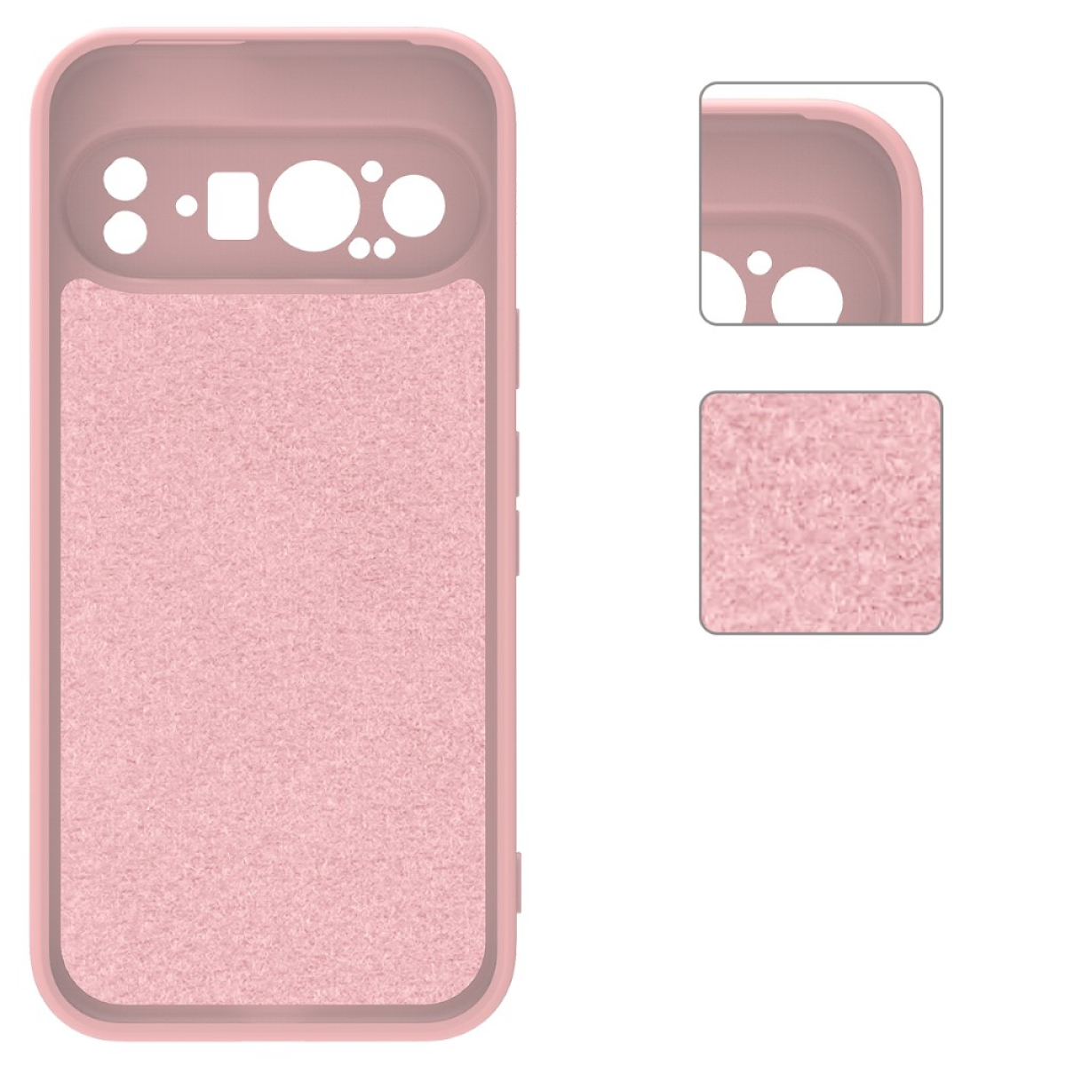 Eine rosa Handyhülle mit strukturierter Rückseite. Mit einem Einsatz für die Kamera und einem kleinen quadratischen Textilmuster.