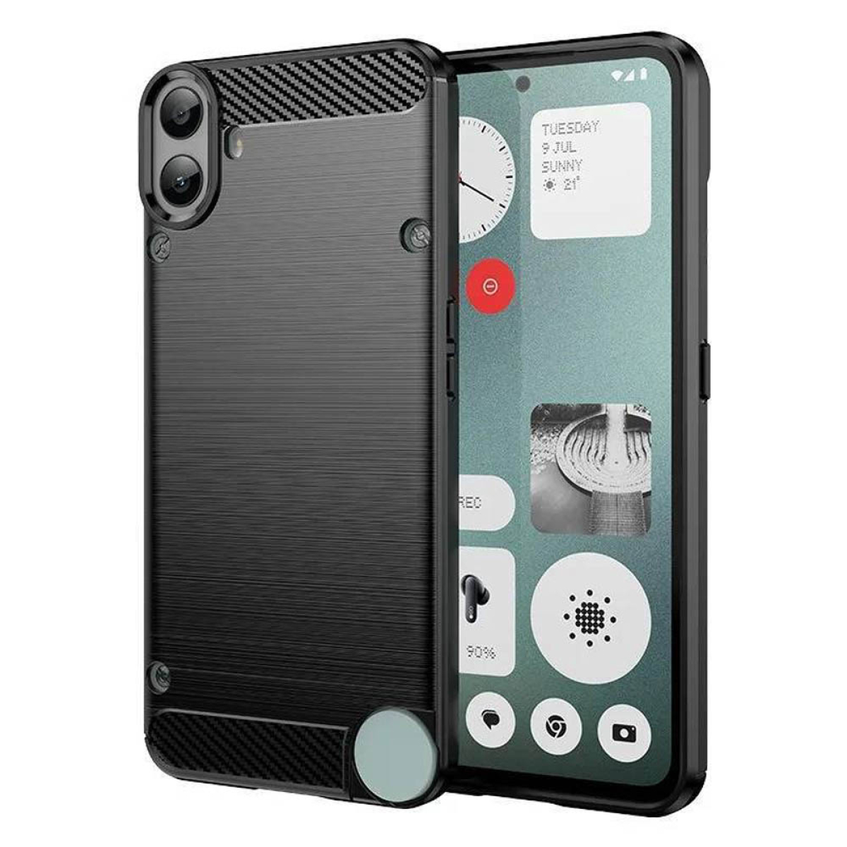 Eine schwarze Handyhülle mit einem Telefon darin. Die Hülle hat ein robustes Design.