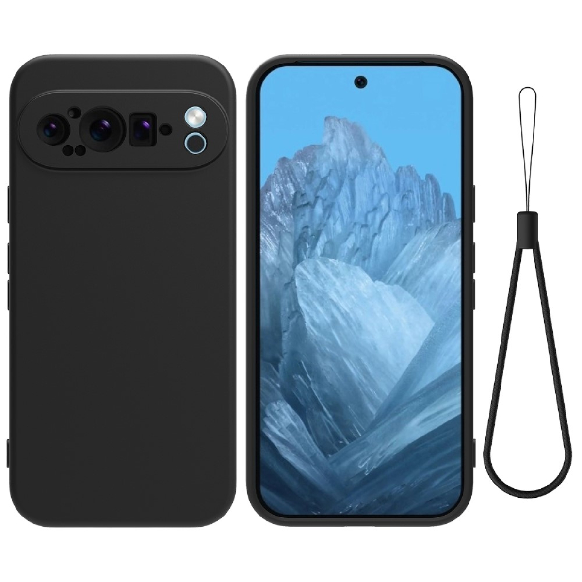 Schwarzes Telefon mit Kameramodul und einer Handyhülle mit Riemen. Der Bildschirm zeigt eine Landschaft.