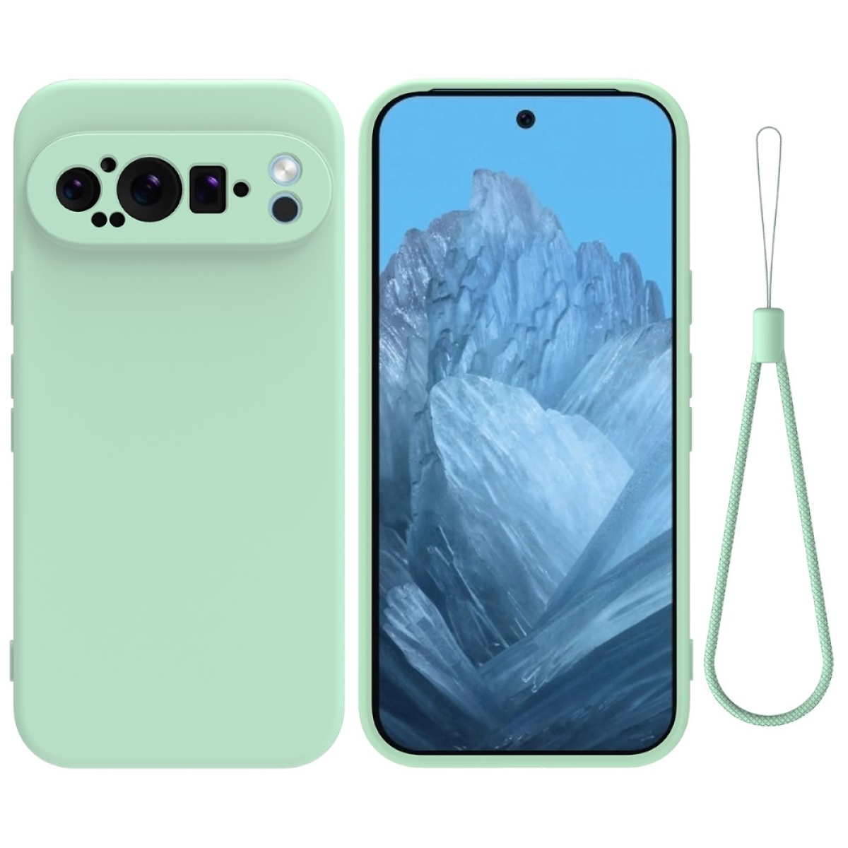 Eine mintgrüne Handyhülle mit Kameramodul und passendem Handgelenkband. Das Telefon ist hellgrün.
