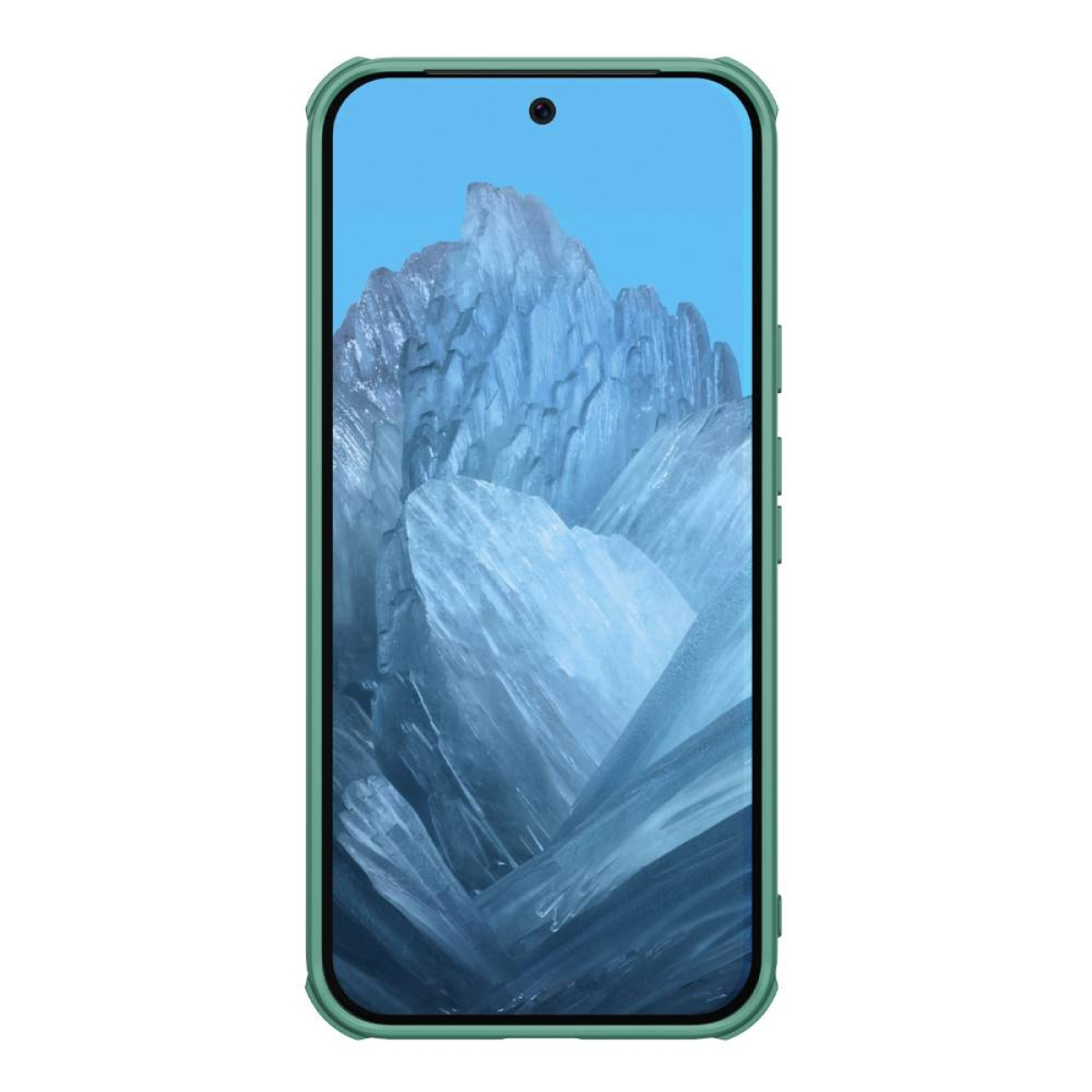 Ein Smartphone mit grüner Hülle, zeigt ein blaues und weißes eisiges Berg-Bild.
