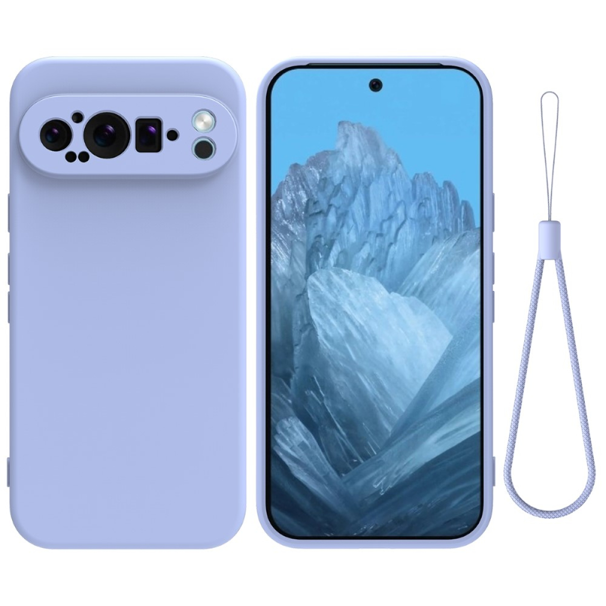 Eine hellviolette Handyhülle mit Kamerahöcker und ein Handy mit blauem Bildschirm.