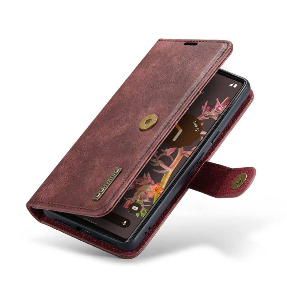 Telefon in offenem, weinroten Lederetui, Bildschirm sichtbar.