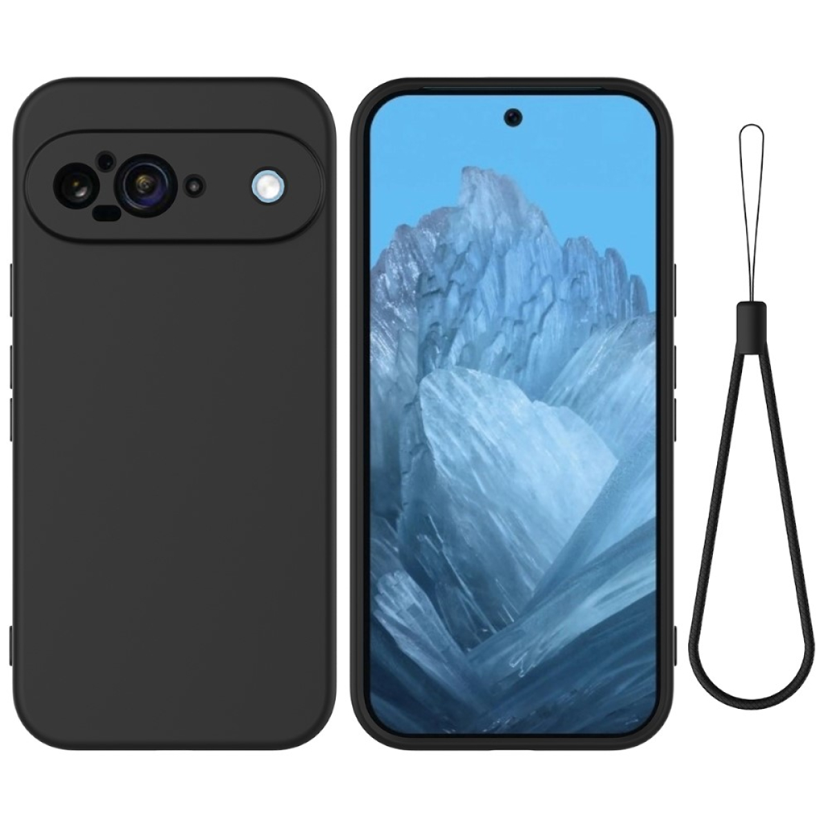 Schwarzes Telefon mit Kamerahöcker links und Bildschirm rechts. Ein schwarzer Riemen ist befestigt.