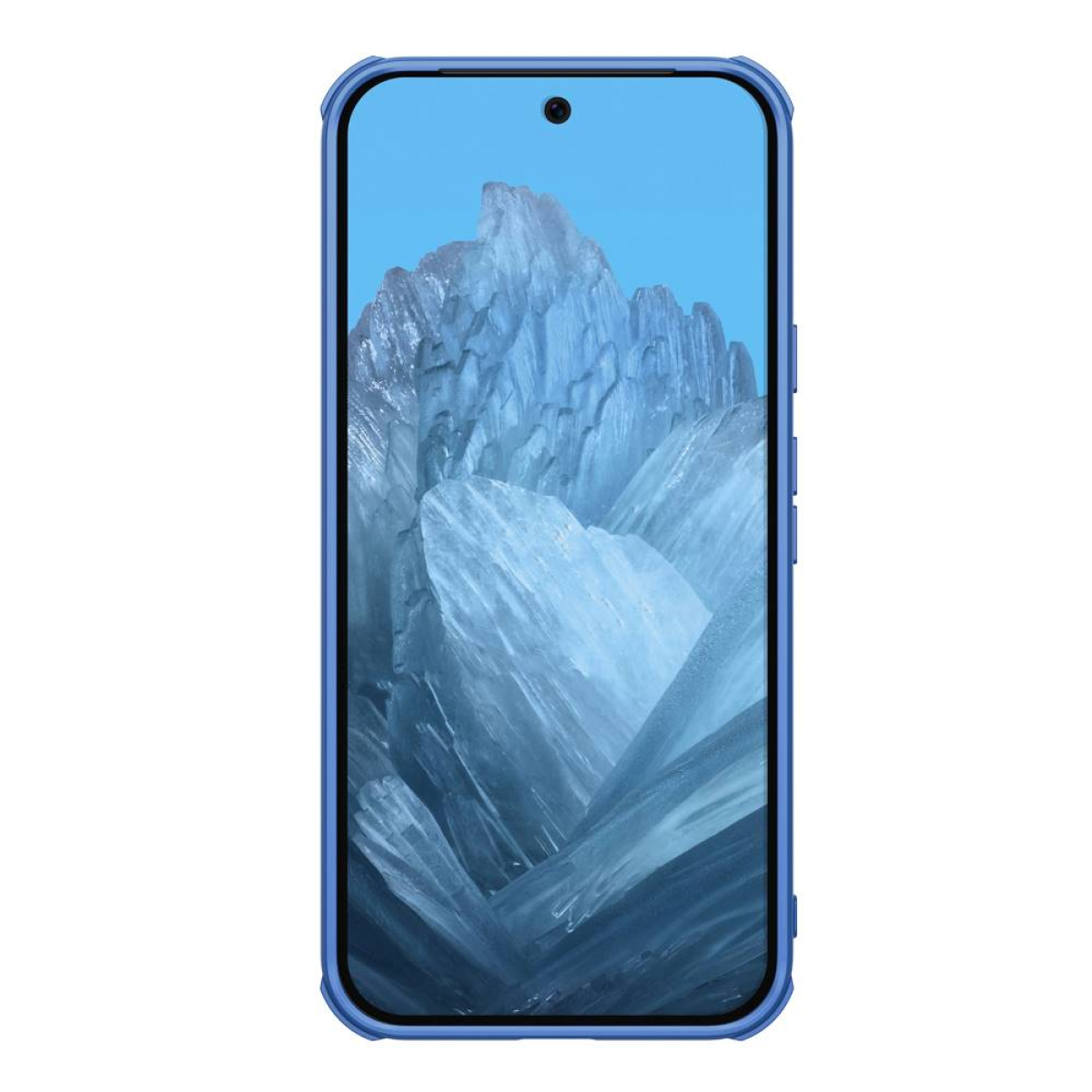 Blaues Telefon, das eine blau-weiße kristalline Berglandschaft auf dem Bildschirm zeigt.