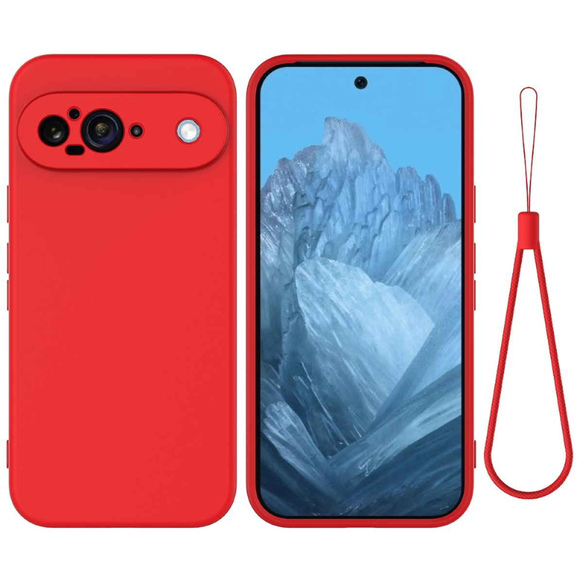 Eine rote Handyhülle mit Kameraabdeckung und Handschlaufe, neben einem Handy mit blauem Bildschirm.