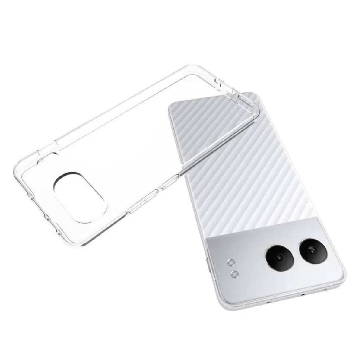 Telefon mit silberner Rückseite und zwei Kameras, gehalten in einer transparenten Hülle. Hülle ist offen.