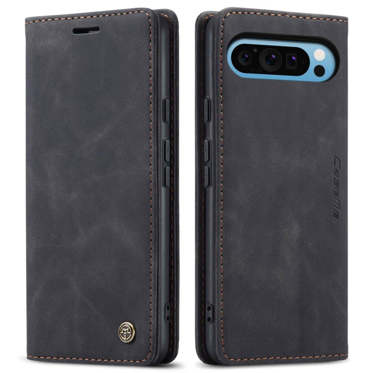 Zwei Ansichten einer dunkelgrauen Handy-Geldbörsenhülle, eine offen, eine geschlossen. Braune Nähte, sichtbare Kamera.