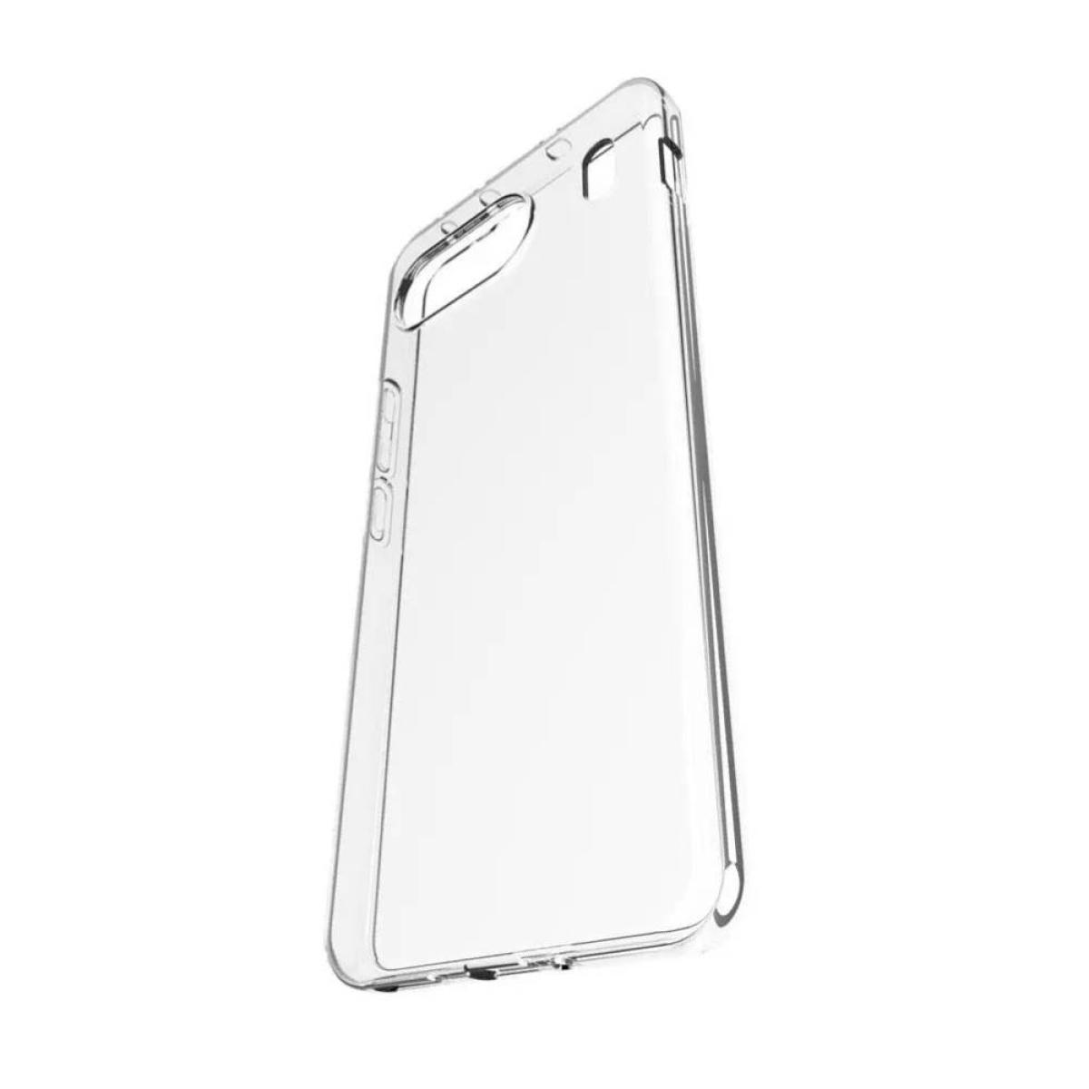 Transparente Handyhülle, schräge Ansicht. Transparentes Plastik mit Aussparungen für Kamera und Tasten.