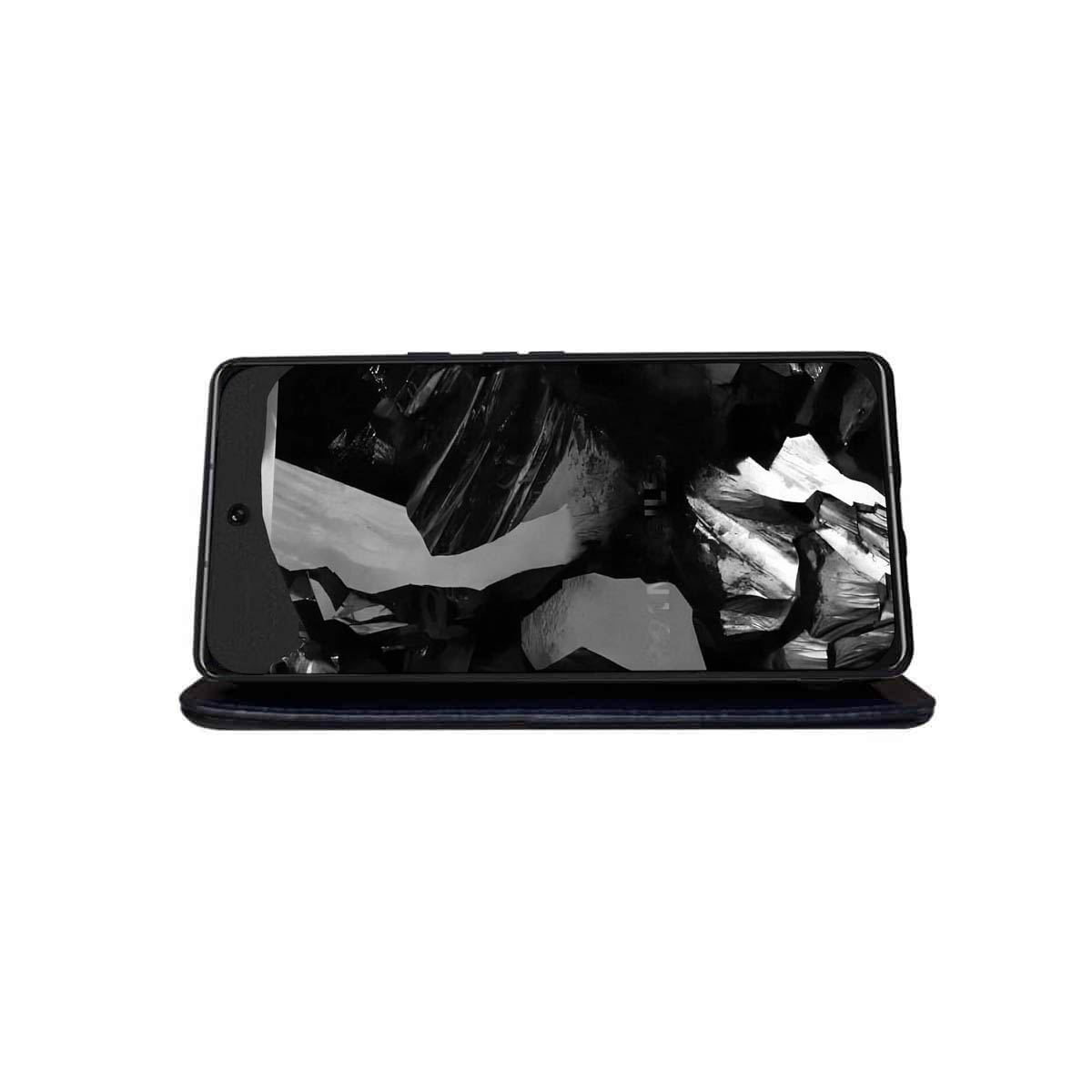 Ein schwarzes Smartphone aufgeklappt, das einen gesprungenen Bildschirm zeigt, auf seinem Gehäuse liegend.