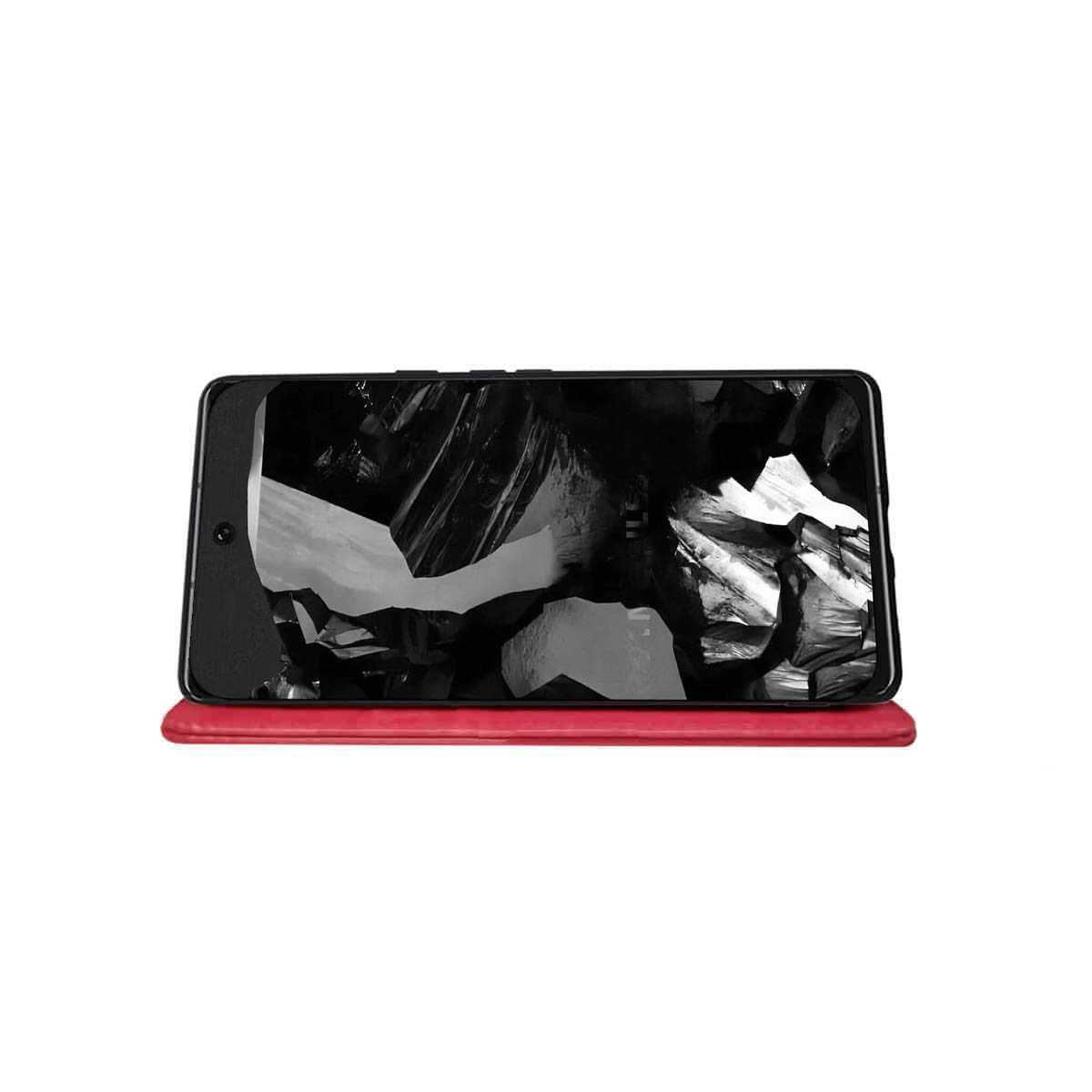 Schwarzes Telefon auf einem roten Ständer. Der Bildschirm zeigt ein abstraktes Schwarz-Weiß-Bild.