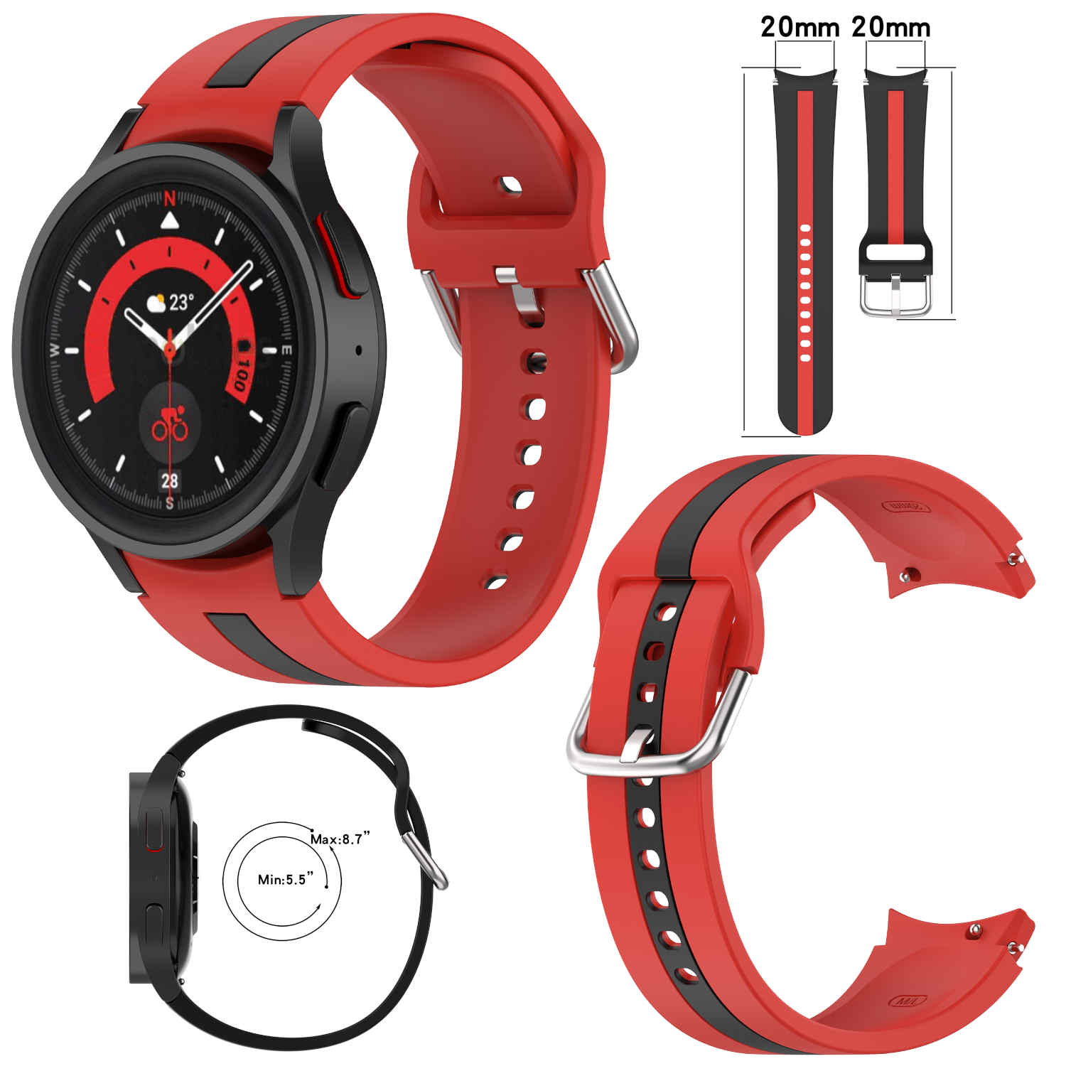 Eine Uhr mit rotem Armband und schwarzen Akzenten, einschließlich Ersatzarmband und Armbandmessung.