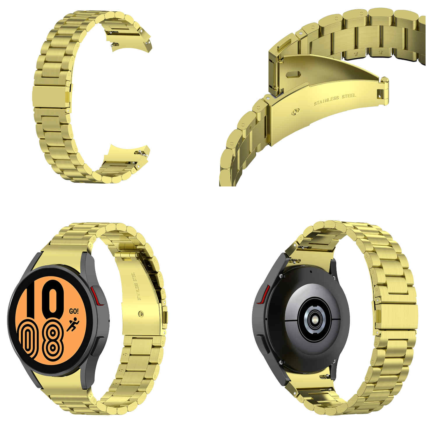 Goldenes Uhrenarmband. Mehrere Ansichten zeigen das Armband, mit Nahaufnahmen der Schließe und Uhr.