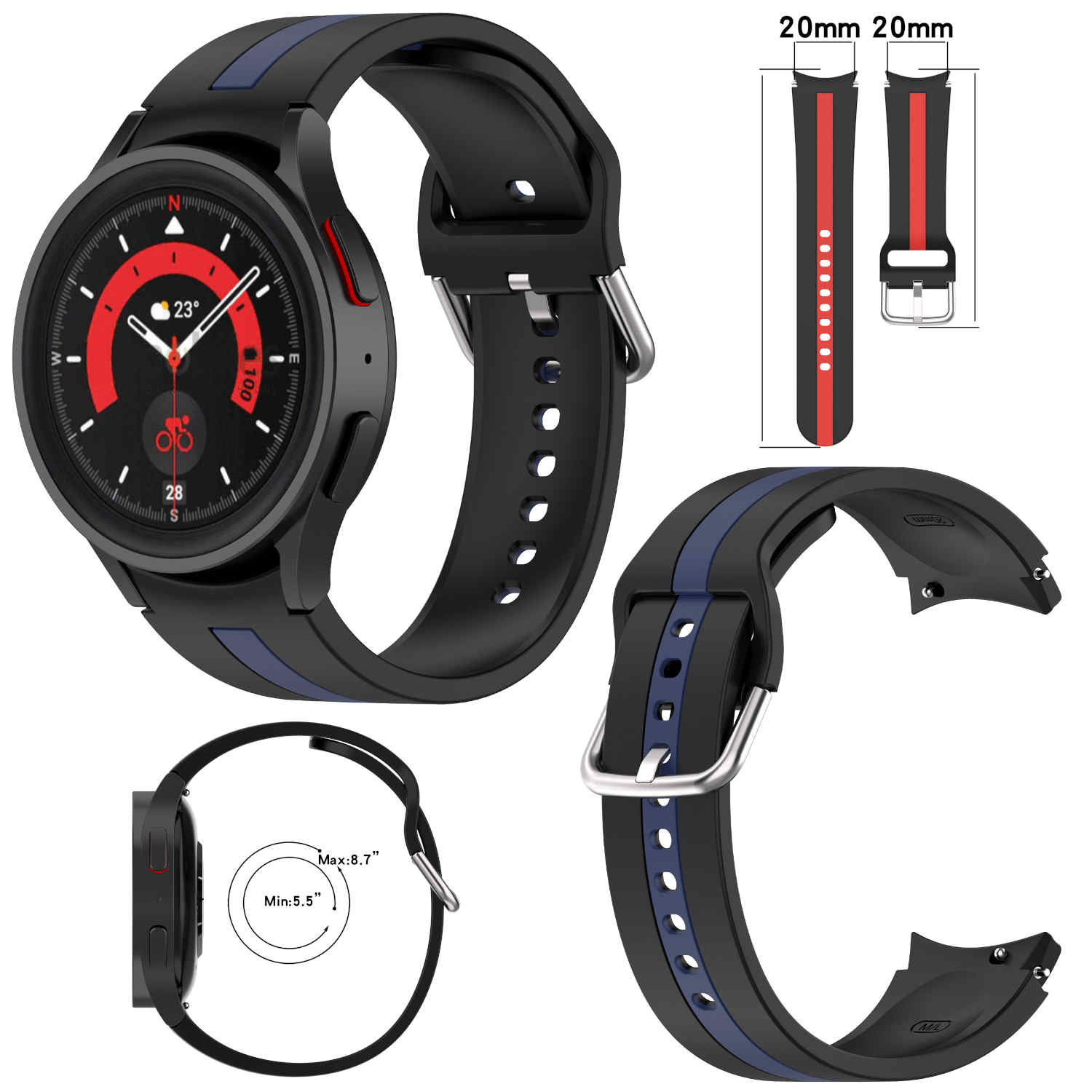 Schwarze Smartwatch mit blauen und roten Details und zwei Armbändern. Zeigt Zeit und Metriken.