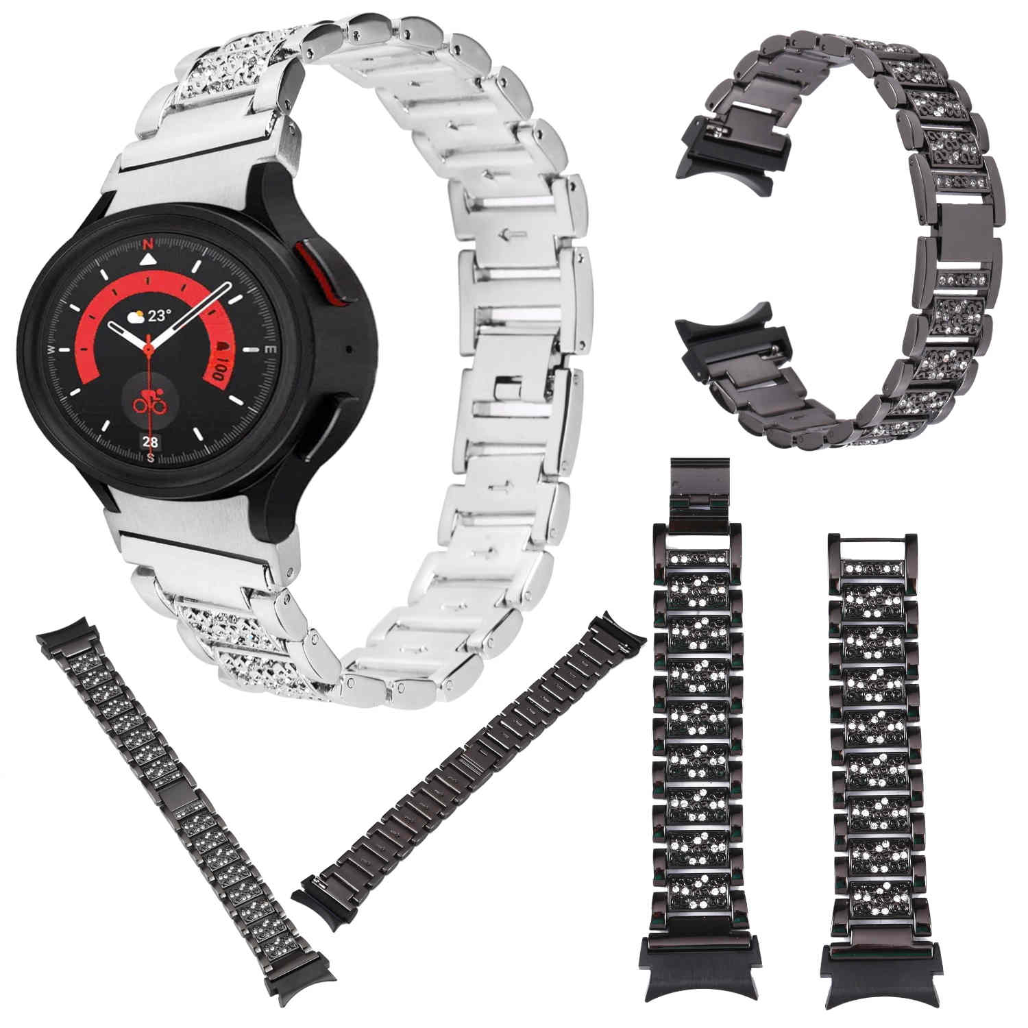 Reloj con múltiples correas, incluyendo bandas de metal y con joyas.