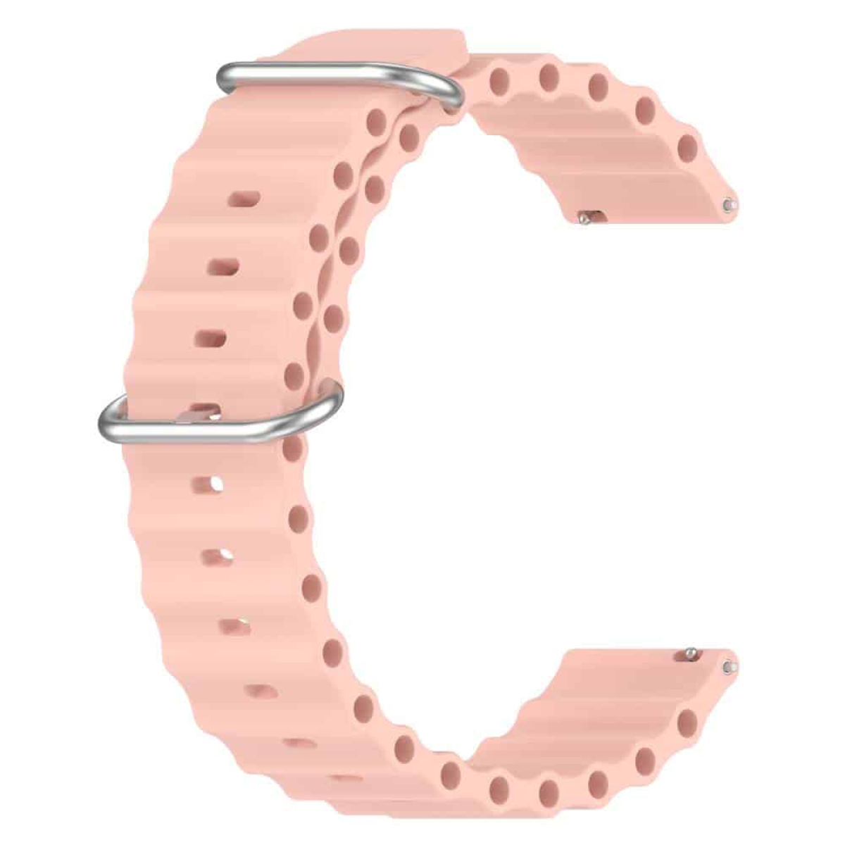 Ein pinkfarbenes Uhrenarmband mit geriffelter Textur und Metallverschluss. Weißer Hintergrund.