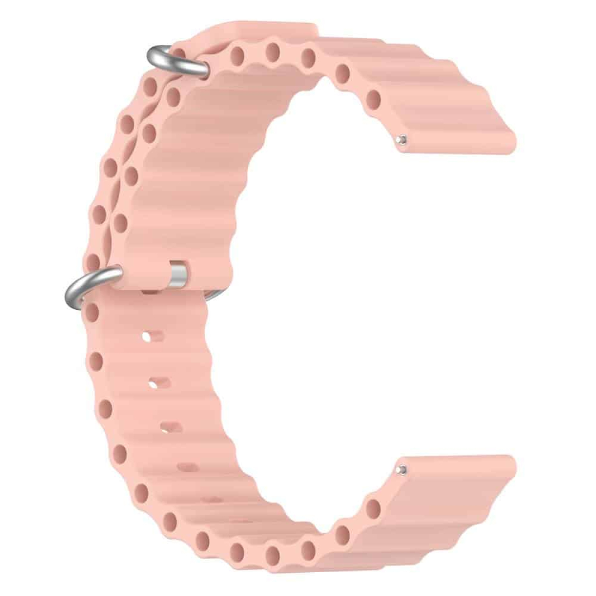 Rosa Uhrenarmband mit wellenförmigem Design. Silberne Metallbefestigungen. Weißer Hintergrund.