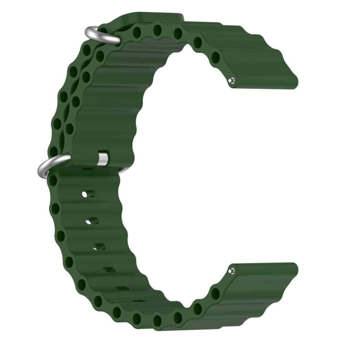 Grünes Uhrenarmband. Das Armband ist C-förmig gebogen. Hintergrund: Weiß.