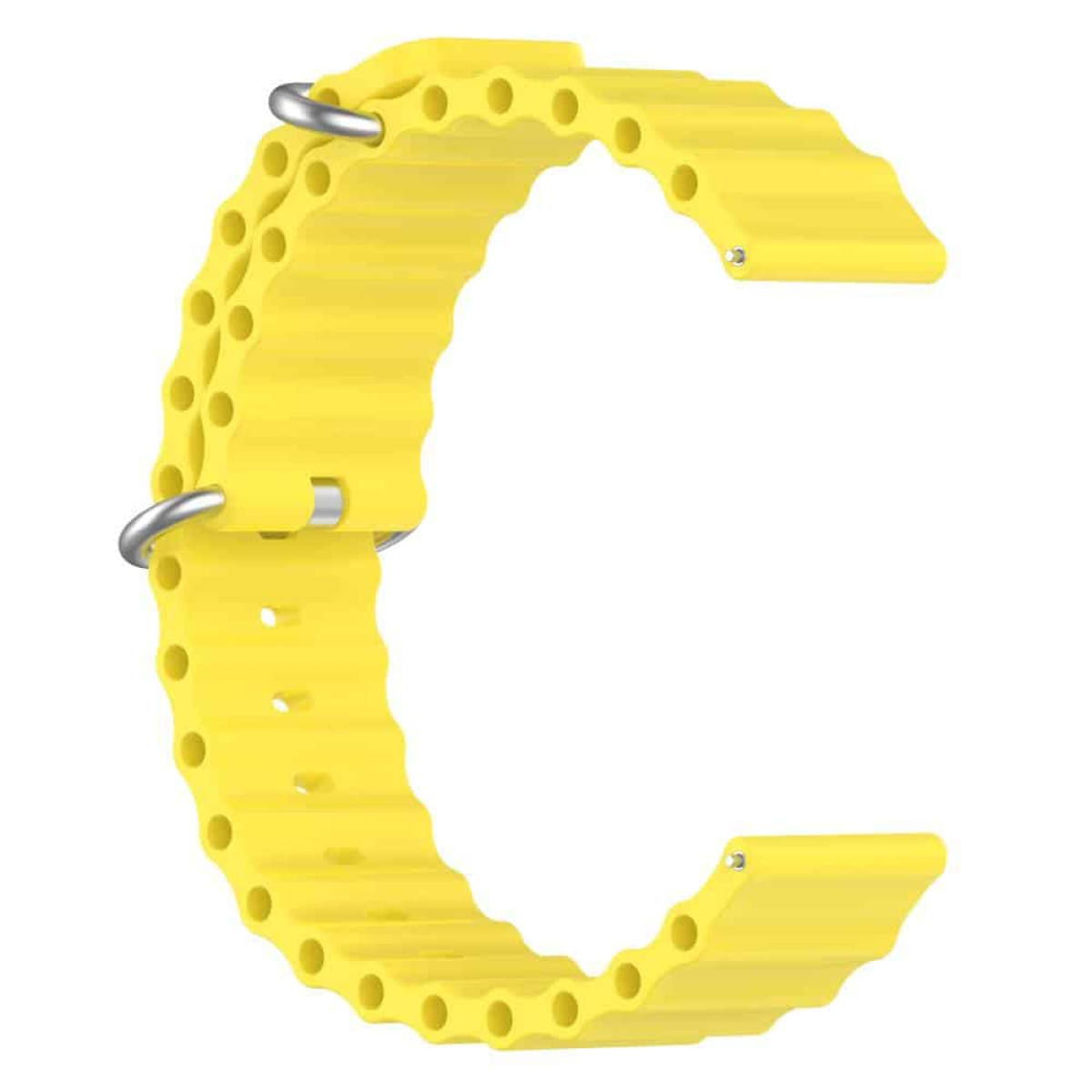 Gelbes Uhrenarmband mit strukturierten Rippen. Das Band hat Metallverschlüsse zur Befestigung.