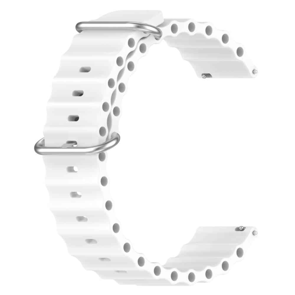Ein weißes, wellenförmiges Uhrenarmband mit silberfarbenen Metallverbindern.