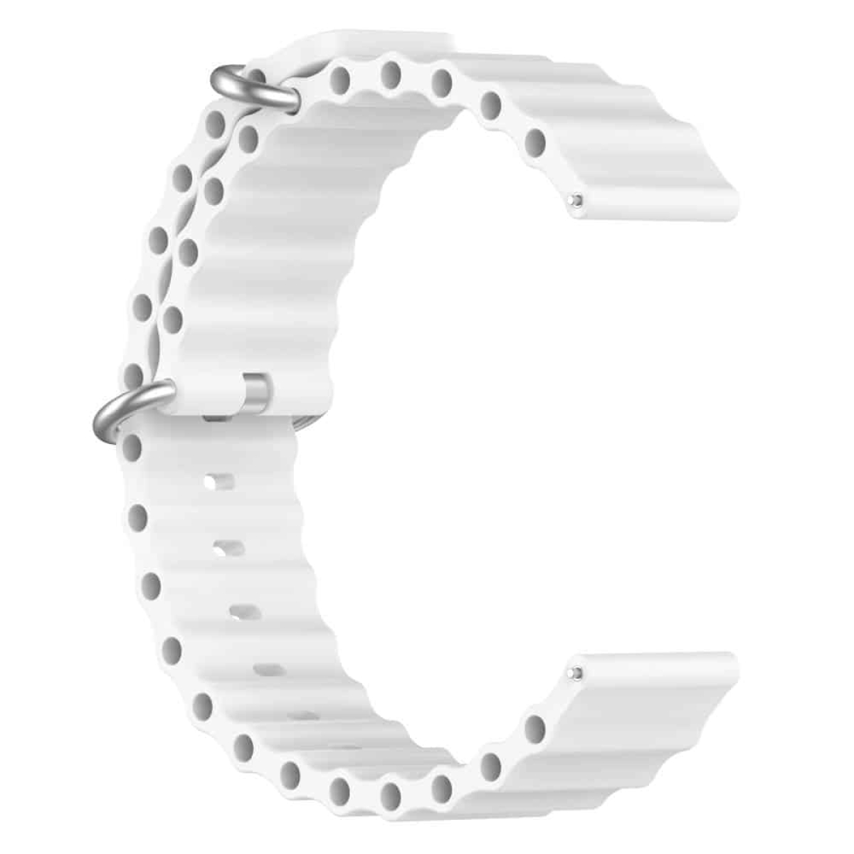 Weißes Uhrenarmband mit wellenförmigem Design und Löchern zur Einstellung, mit Metallverschlüssen.