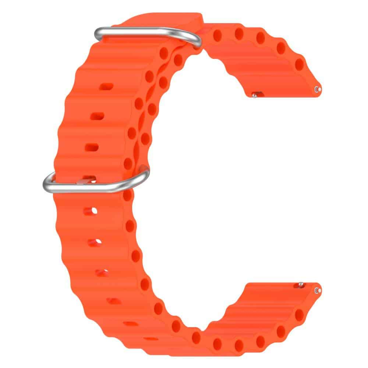 Oranges Uhrenarmband mit silberner Schnalle und Löchern.