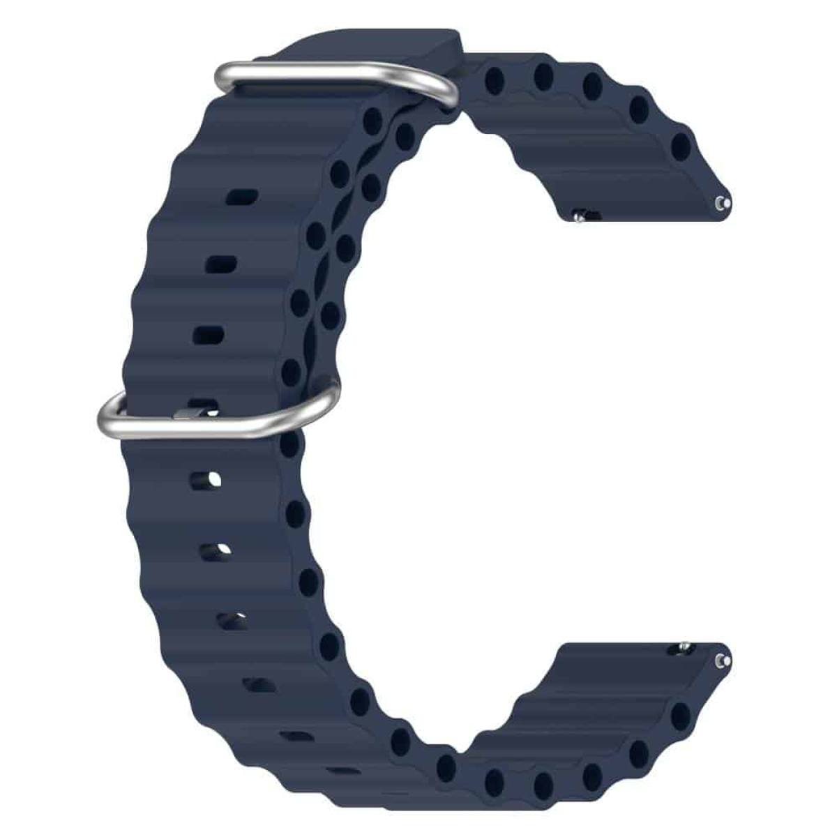 Ein dunkelblaues Uhrenarmband in Form eines 'C', mit Metallverschlüssen an den Enden.