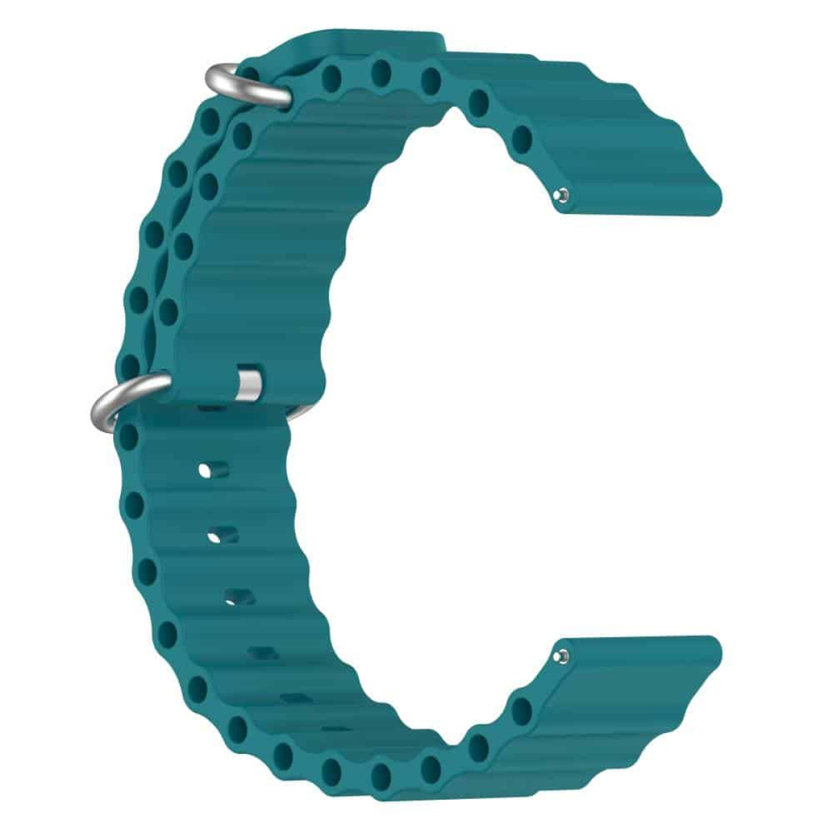 Ein türkisfarbenes Smartwatch-Armband mit mehreren Löchern und einer C-Form, mit zwei silbernen Verbindungsstiften.
