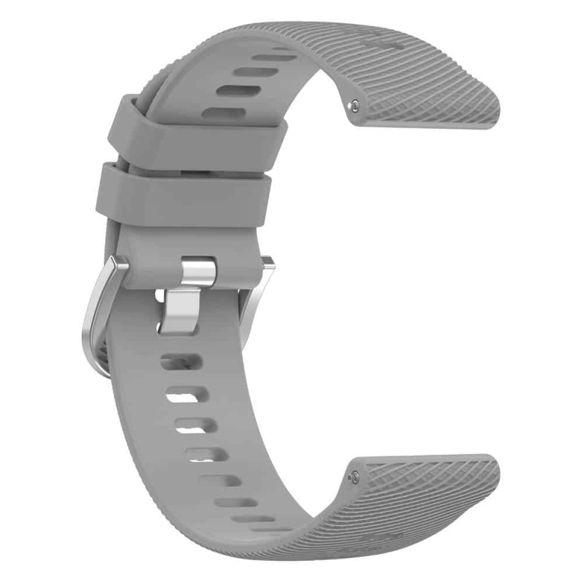 Graues Silikon-Uhrenarmband. Das Band ist gebogen und hat einen Metallverschluss.